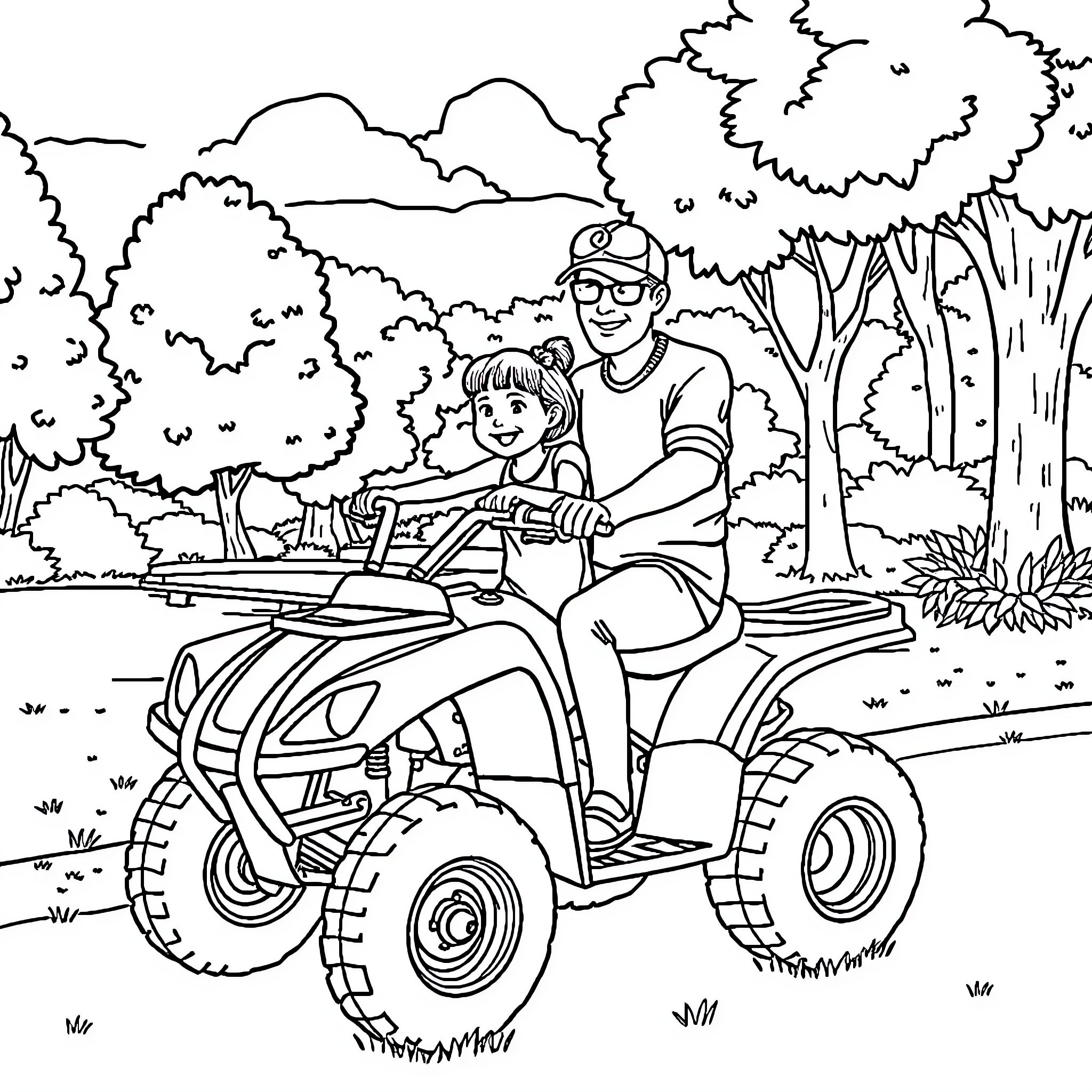 Girl riding ATV with father in outdoor nature scene Coloring Page (free black-and-white line drawing printable PDF for all, from beginners to advanced learners, including children, teens, adults, and seniors)
