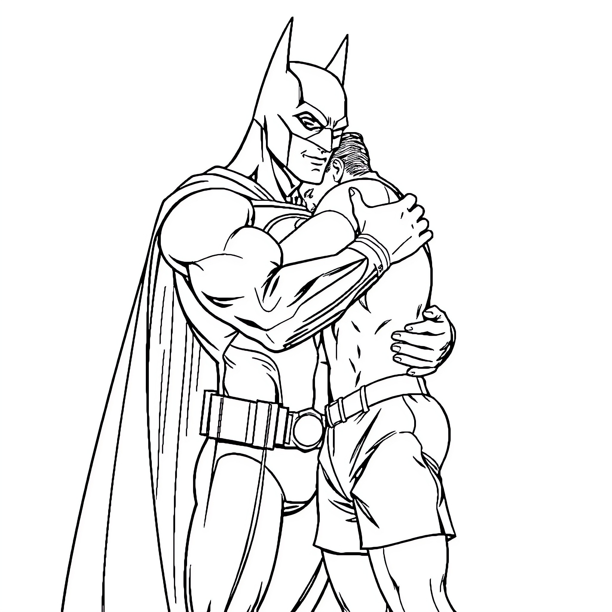 Batman embracing a fellow hero in action Coloring Page (free black-and-white line drawing printable PDF for all, from beginners to advanced learners, including children, teens, adults, and seniors)