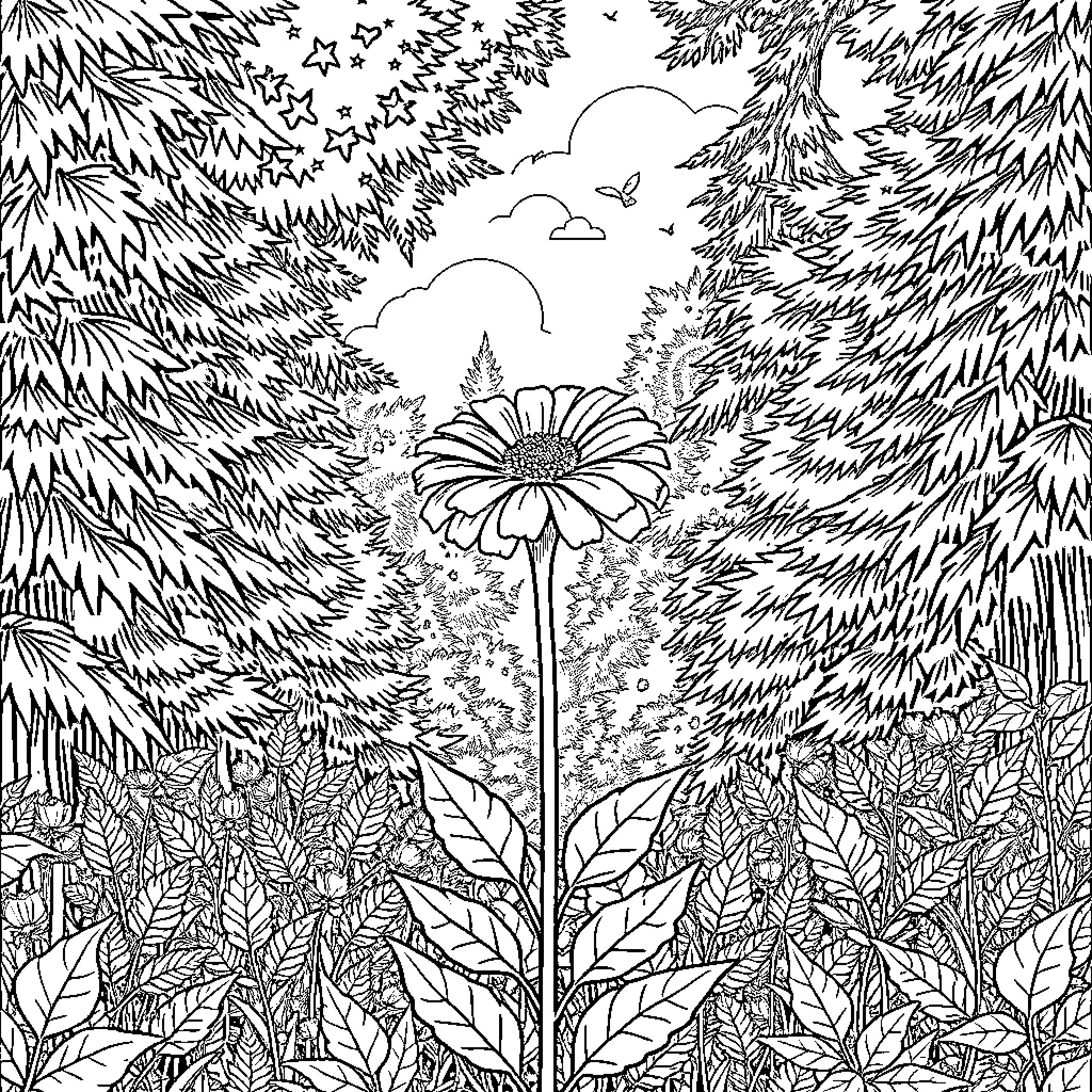 Marigold Blossoms Amid Woodland Foliage Coloring Page (free black-and-white line drawing printable PDF for all, from beginners to advanced learners, including children, teens, adults, and seniors)
