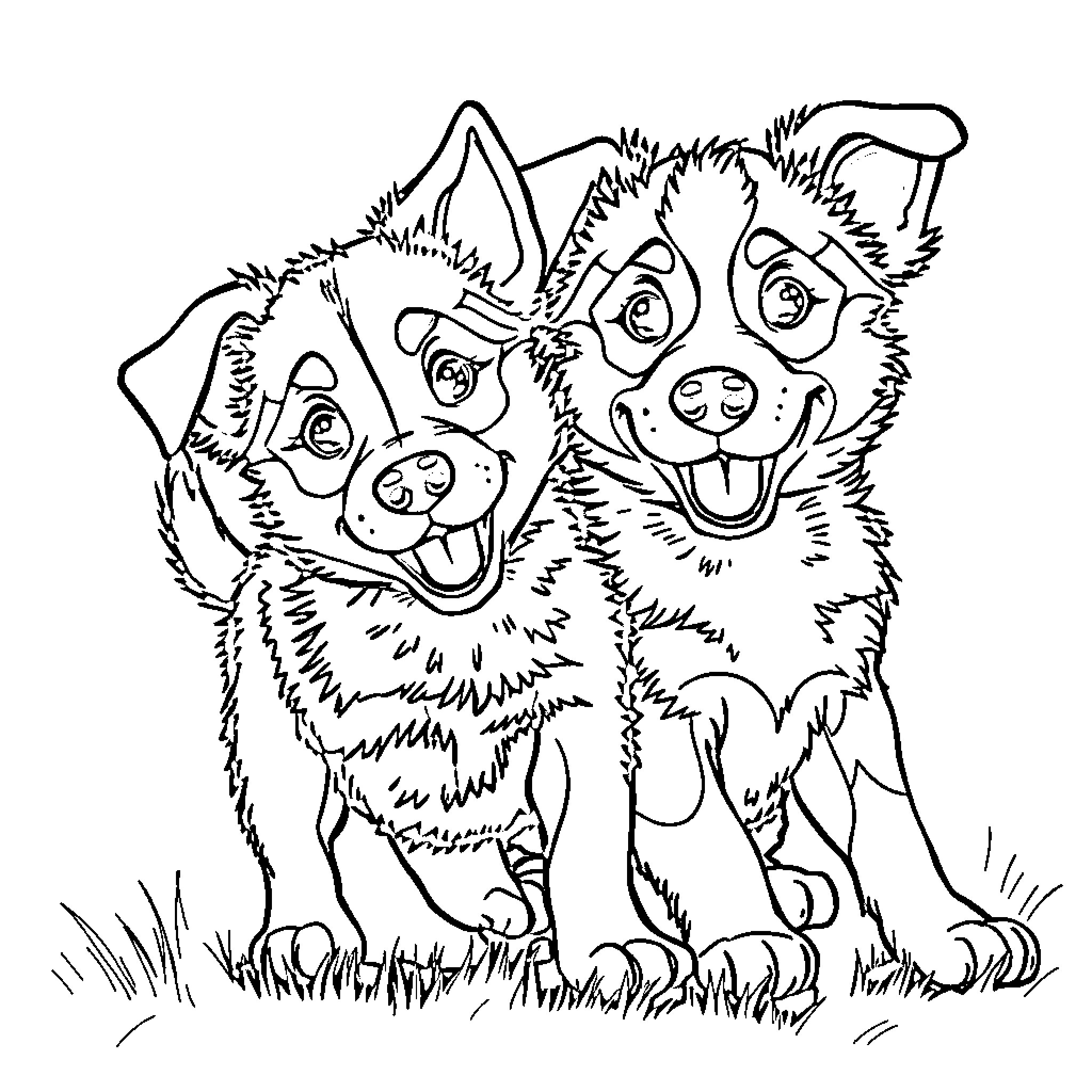 Bluey's Joyful Companions: Playful Pups in the Meadow Coloring Page (free black-and-white line drawing printable PDF for all, from beginners to advanced learners, including children, teens, adults, and seniors)