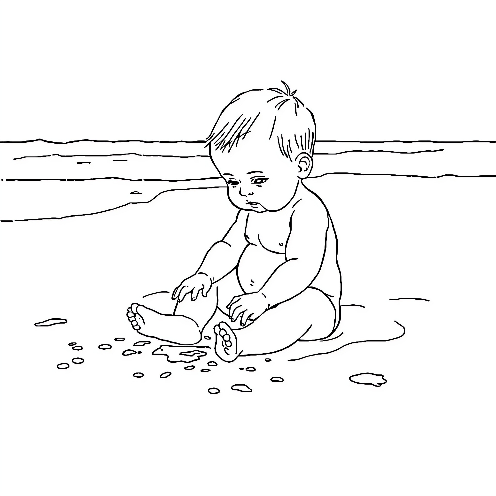 Baby playing happily in the sand Coloring Page (free black-and-white line drawing printable PDF for all, from beginners to advanced learners, including children, teens, adults, and seniors)