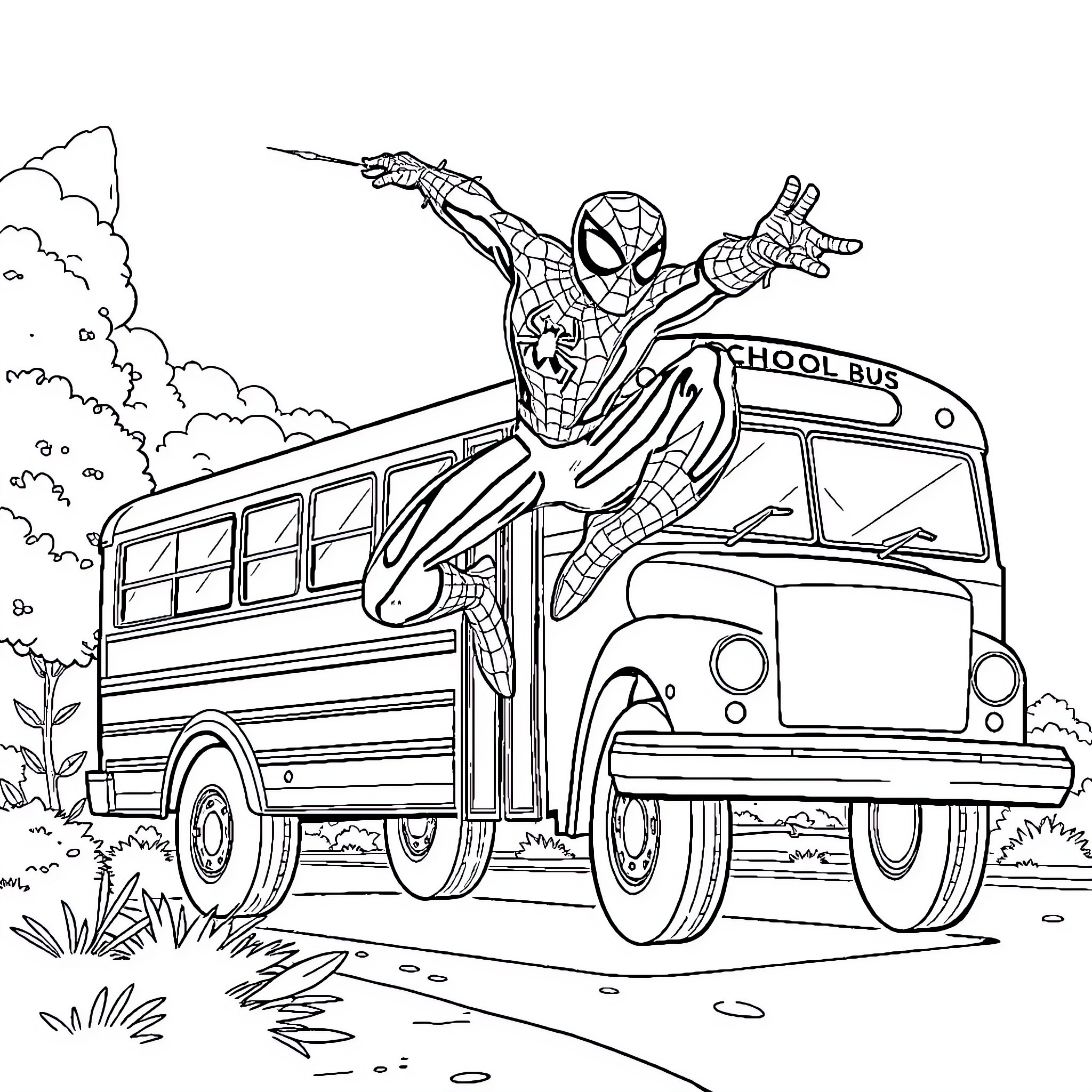 Spider-Man swinging on a school bus with action poses Coloring Page (free black-and-white line drawing printable PDF for all, from beginners to advanced learners, including children, teens, adults, and seniors)
