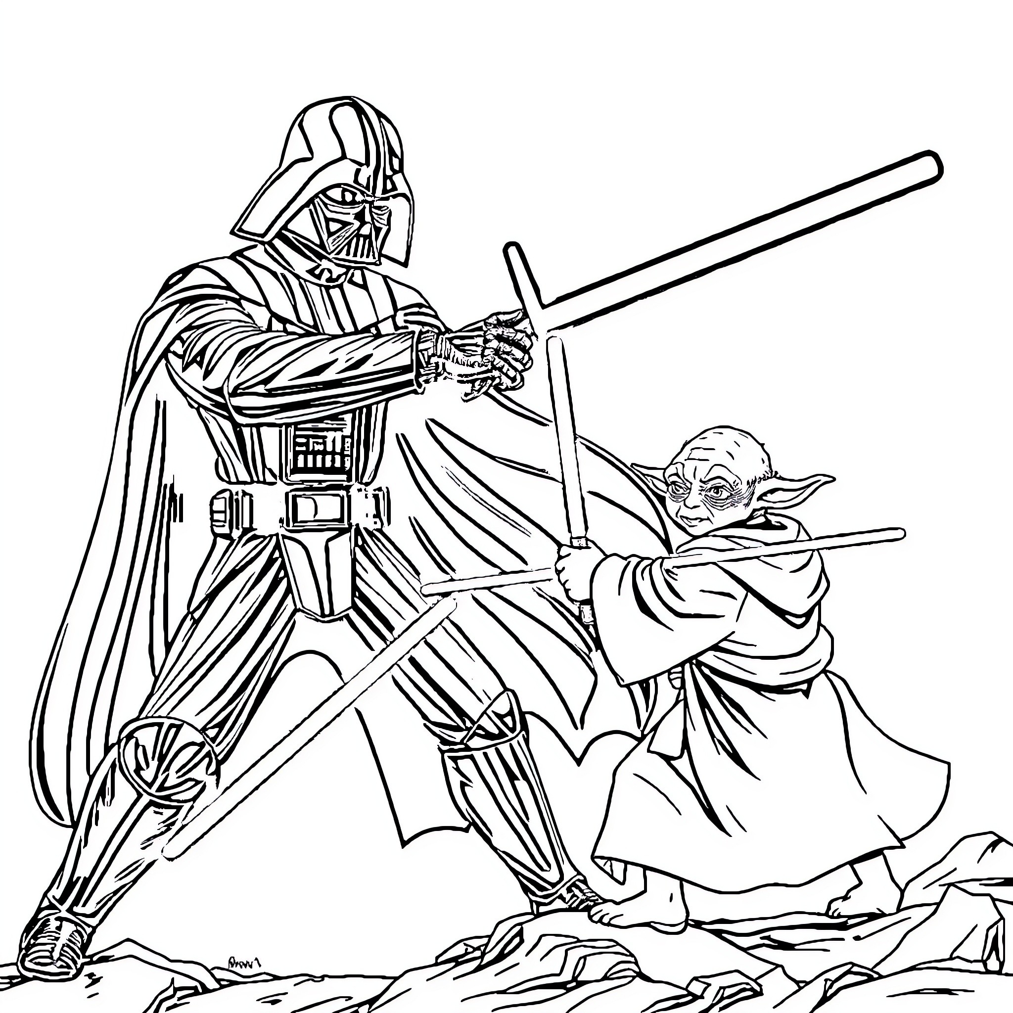 Darth Vader confronting Yoda in a dramatic battle Coloring Page (free black-and-white line drawing printable PDF for all, from beginners to advanced learners, including children, teens, adults, and seniors)