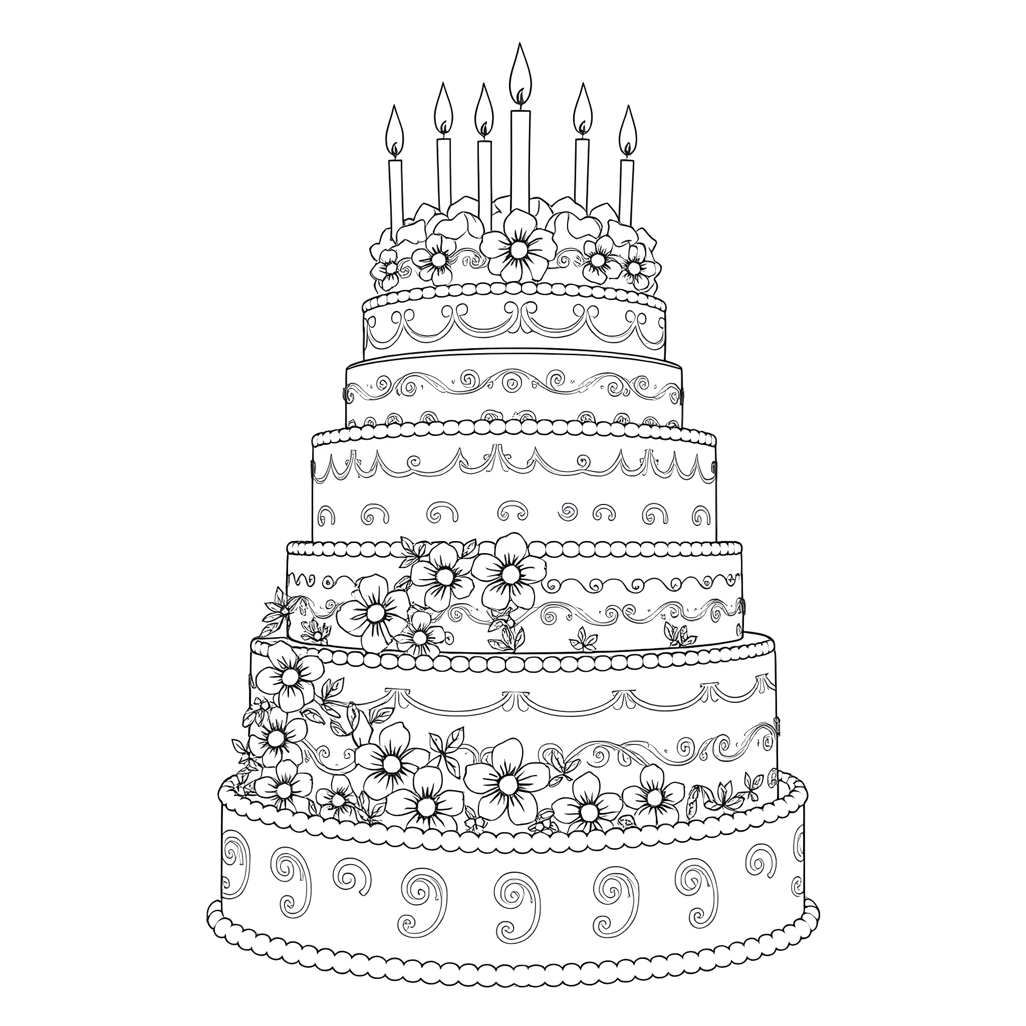 Birthday Cake with Floral Decorations and Candles Coloring Page (free black-and-white line drawing printable PDF for all, from beginners to advanced learners, including children, teens, adults, and seniors)