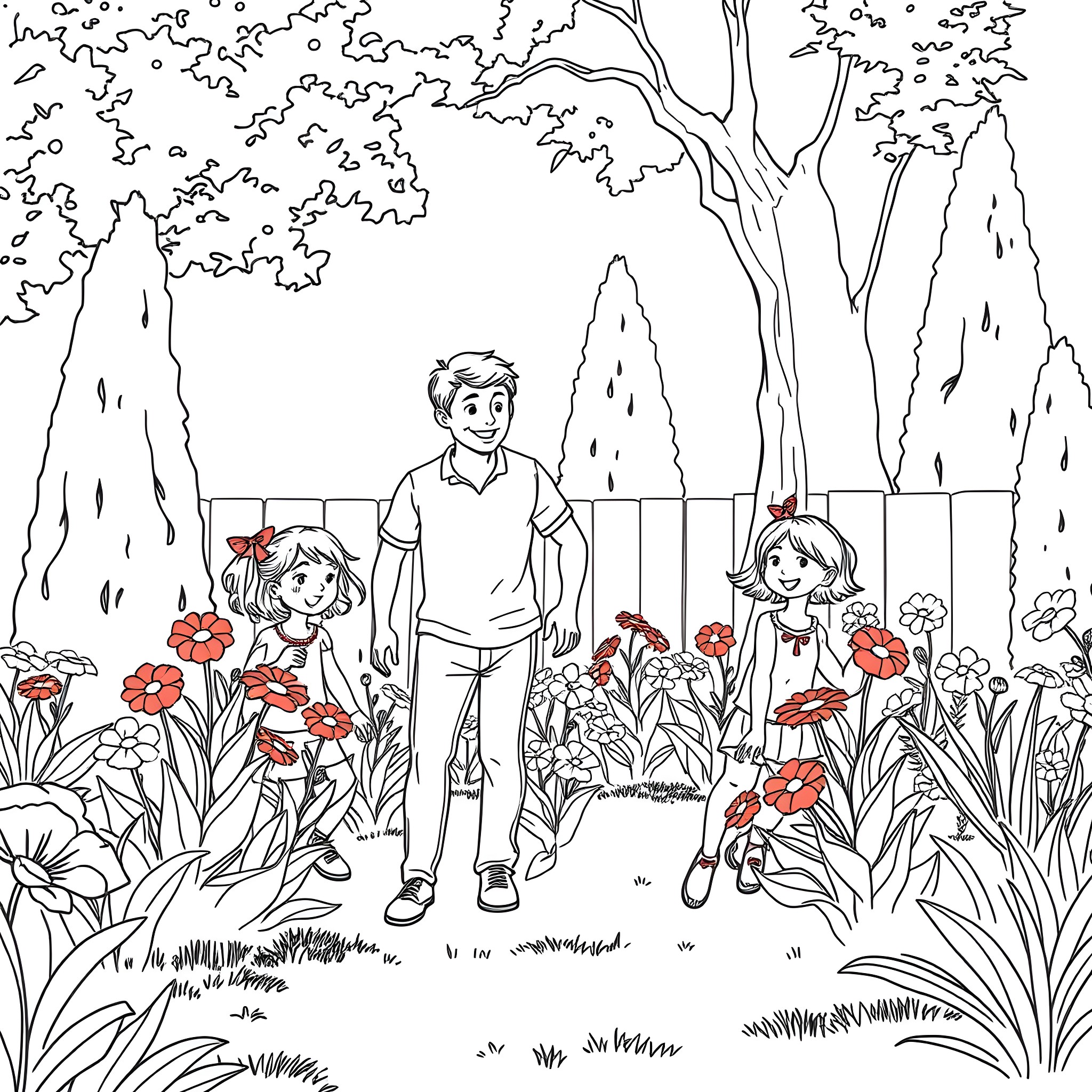 Dad enjoys stroll with daughters in garden Coloring Page (free black-and-white line drawing printable PDF for all, from beginners to advanced learners, including children, teens, adults, and seniors)
