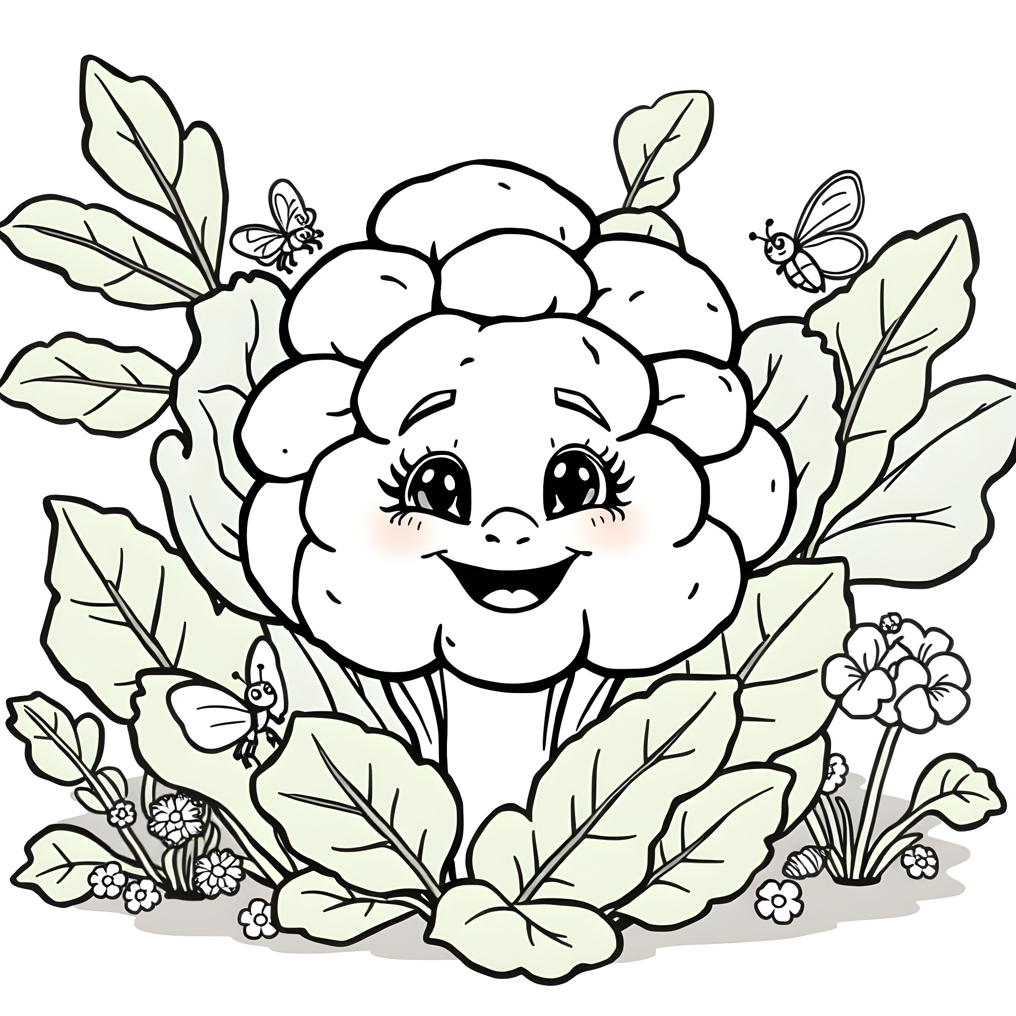Cauliflower with smiling face surrounded by leaves and butterflies Coloring Page (free black-and-white line drawing printable PDF for all, from beginners to advanced learners, including children, teens, adults, and seniors)