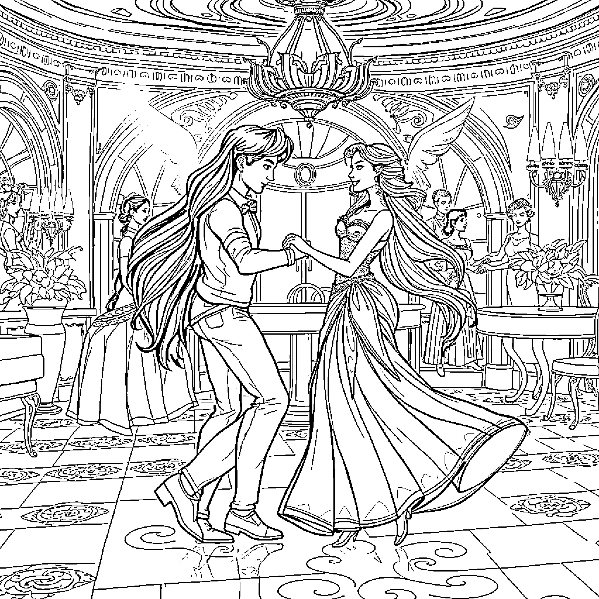 Sirenita's Royal Dance at the Enchanted Ball Coloring Page (free black-and-white line drawing printable PDF for all, from beginners to advanced learners, including children, teens, adults, and seniors)