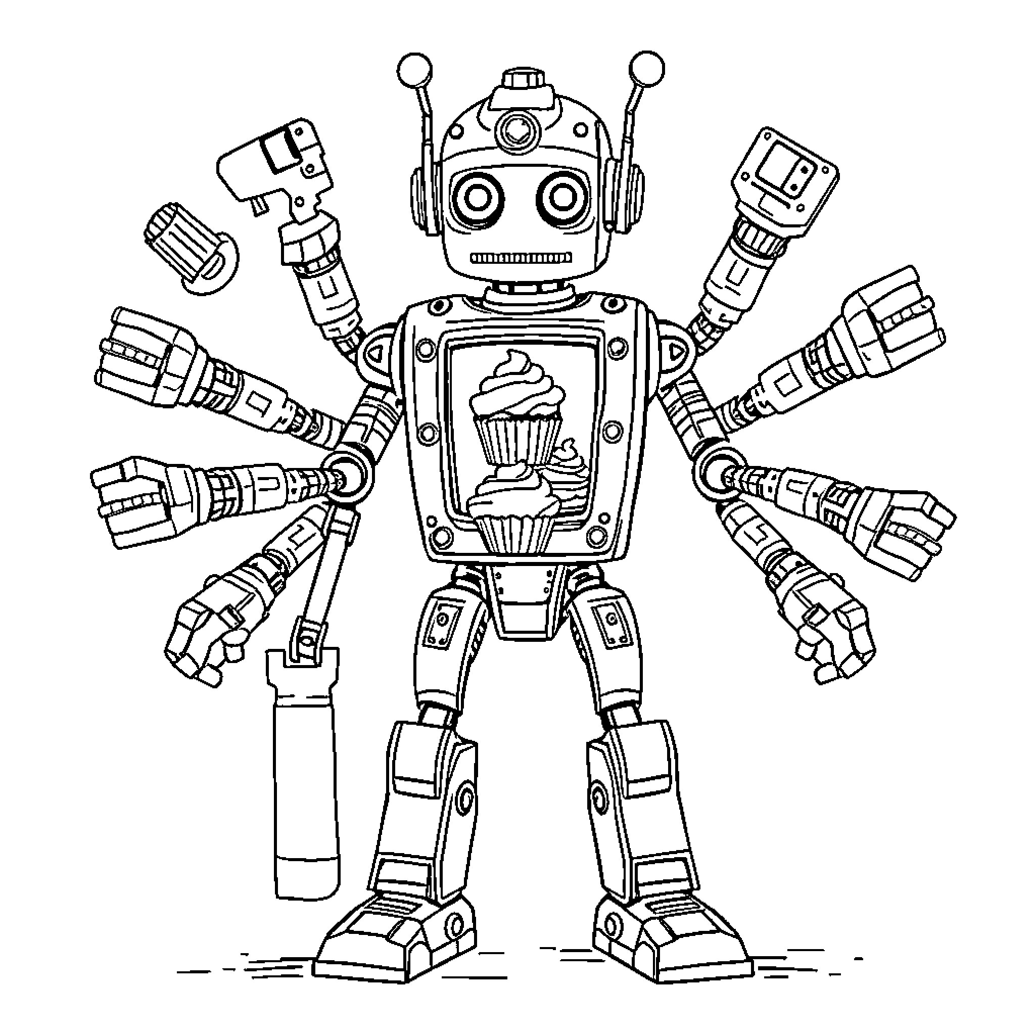 Robot holding cupcakes with multiple arms Coloring Page (free black-and-white line drawing printable PDF for all, from beginners to advanced learners, including children, teens, adults, and seniors)