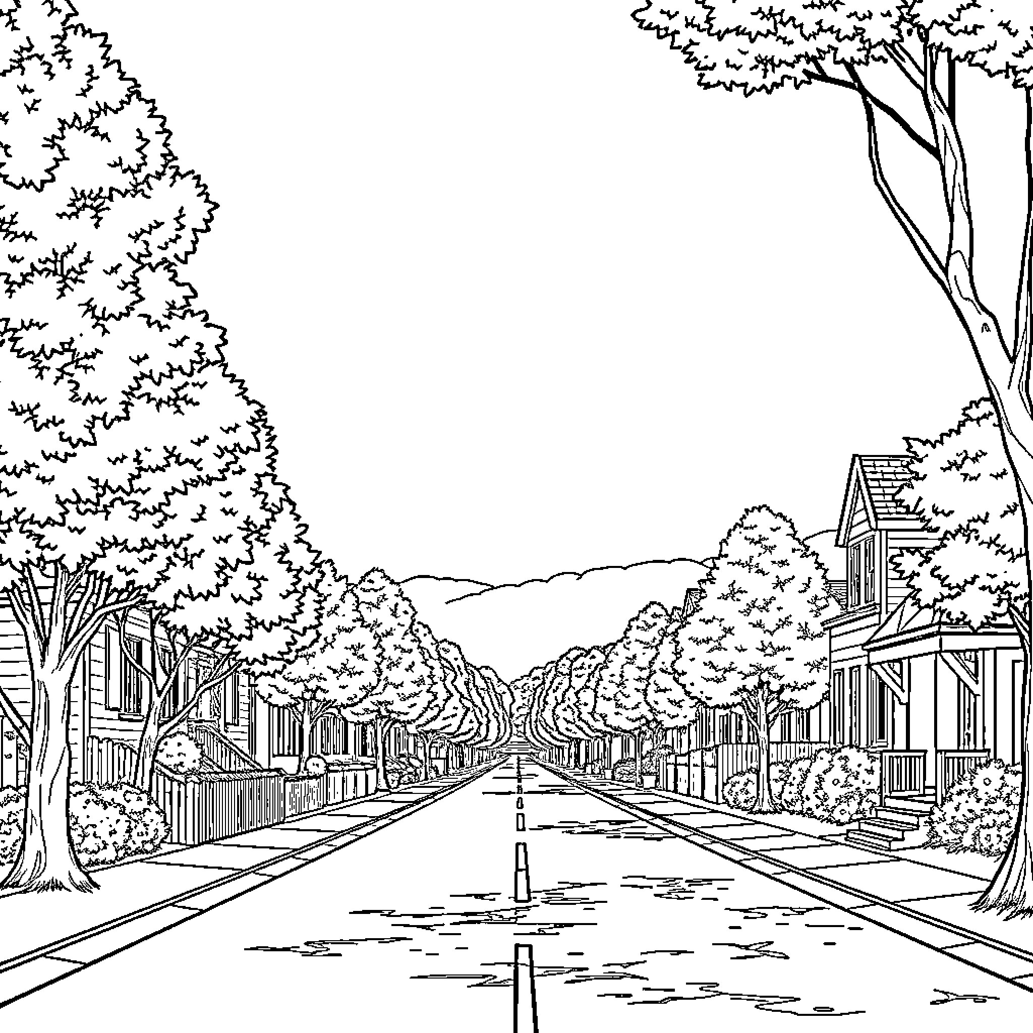 Unicorn strolling down a quaint suburban street Coloring Page (free black-and-white line drawing printable PDF for all, from beginners to advanced learners, including children, teens, adults, and seniors)