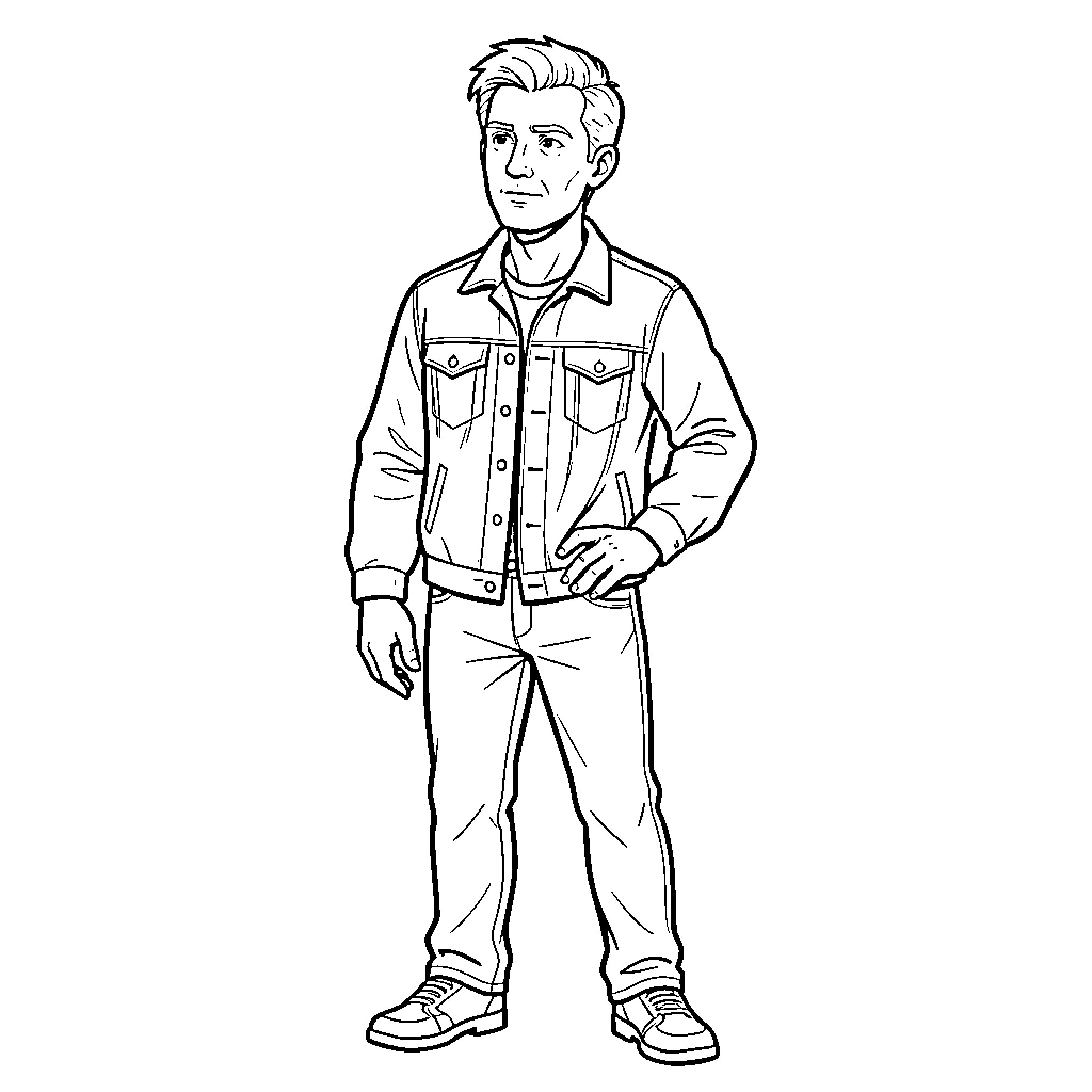 Christopher M Sherk standing confidently in a denim jacket Coloring Page (free black-and-white line drawing printable PDF for all, from beginners to advanced learners, including children, teens, adults, and seniors)