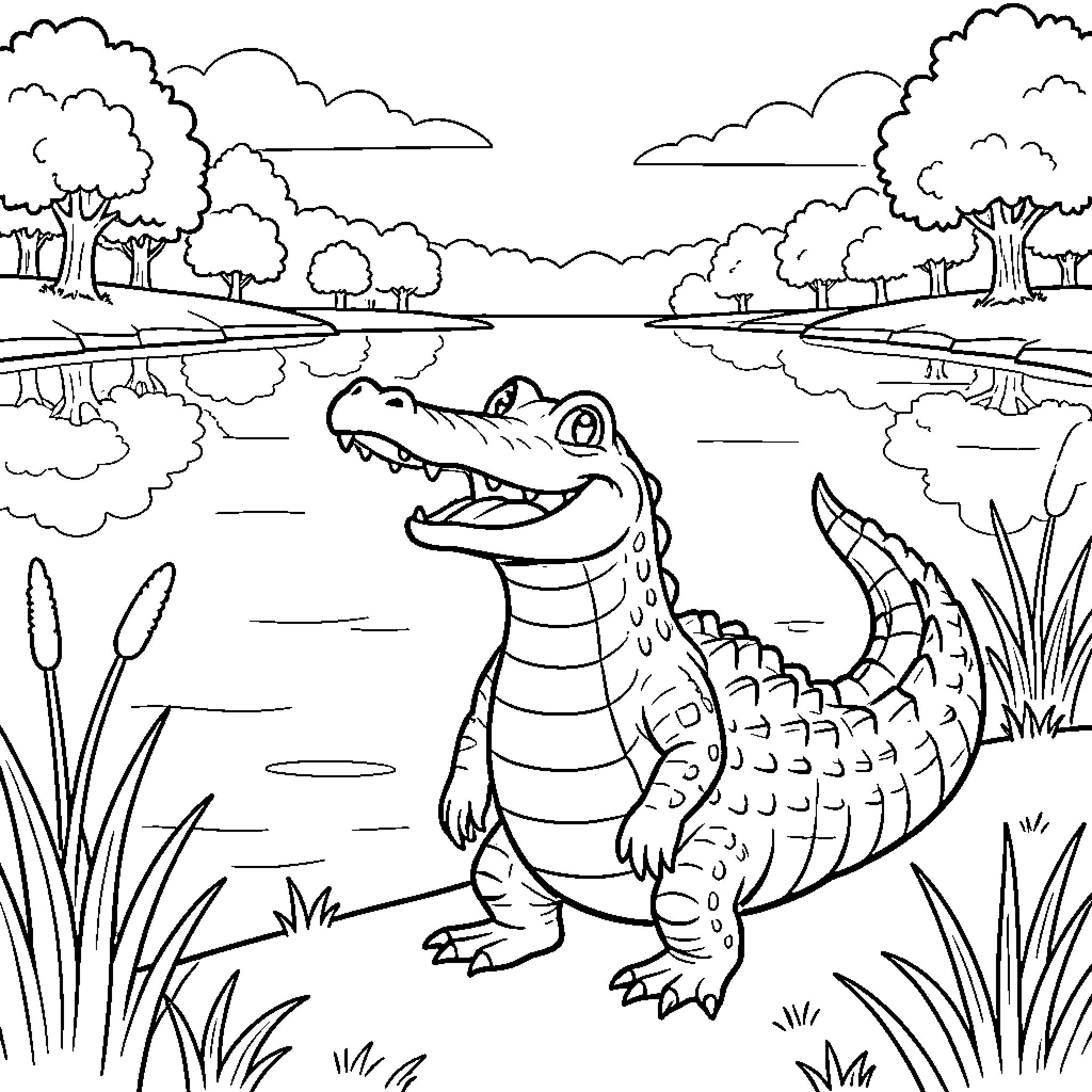 Alligator smiling happily by a peaceful lake Coloring Page (free black-and-white line drawing printable PDF for all, from beginners to advanced learners, including children, teens, adults, and seniors)