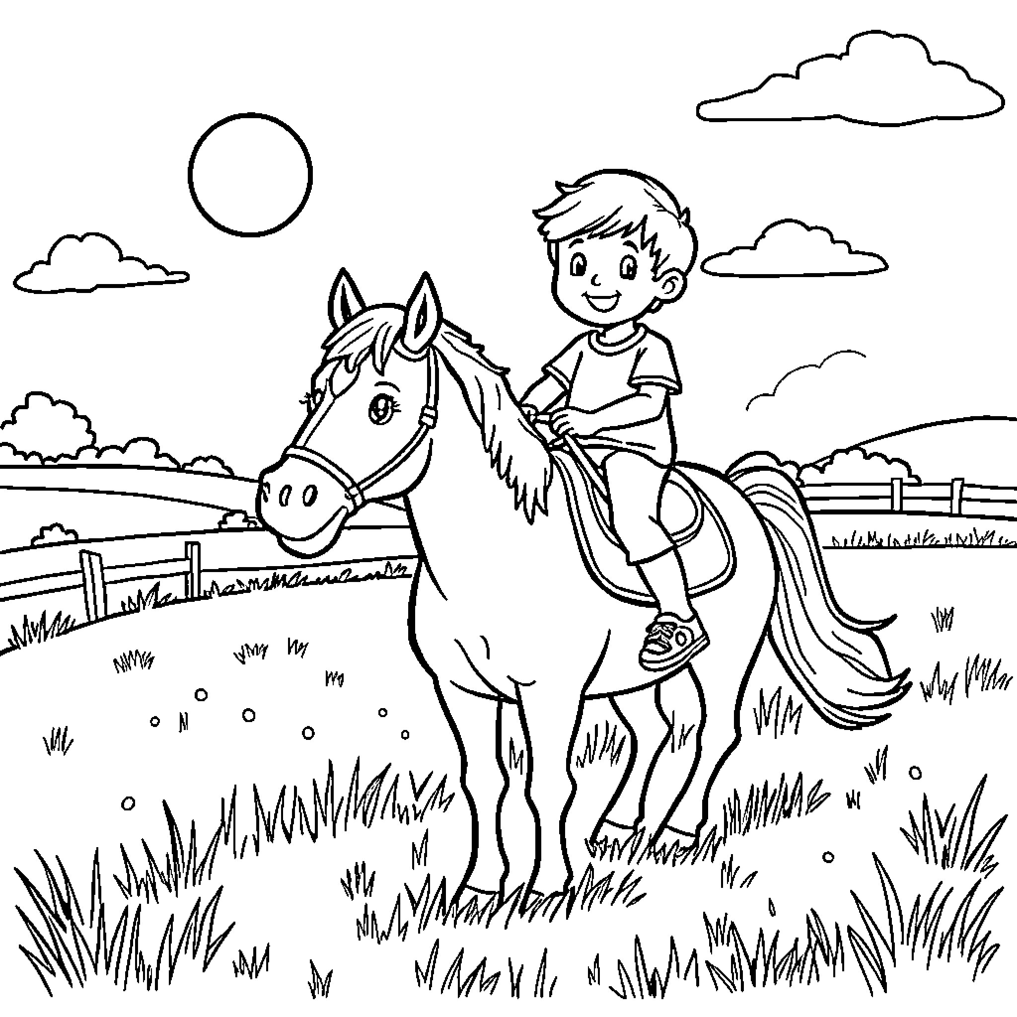 Kid riding a horse on a sunny day Coloring Page (free black-and-white line drawing printable PDF for all, from beginners to advanced learners, including children, teens, adults, and seniors)