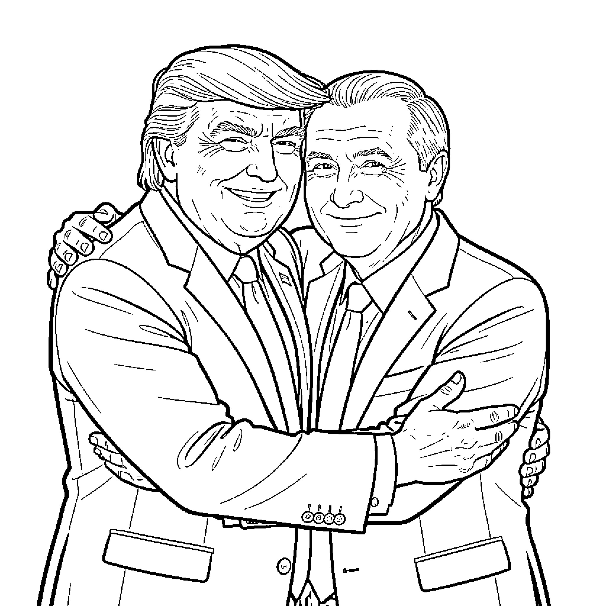 Trump hugging another man while smiling warmly Coloring Page (free black-and-white line drawing printable PDF for all, from beginners to advanced learners, including children, teens, adults, and seniors)