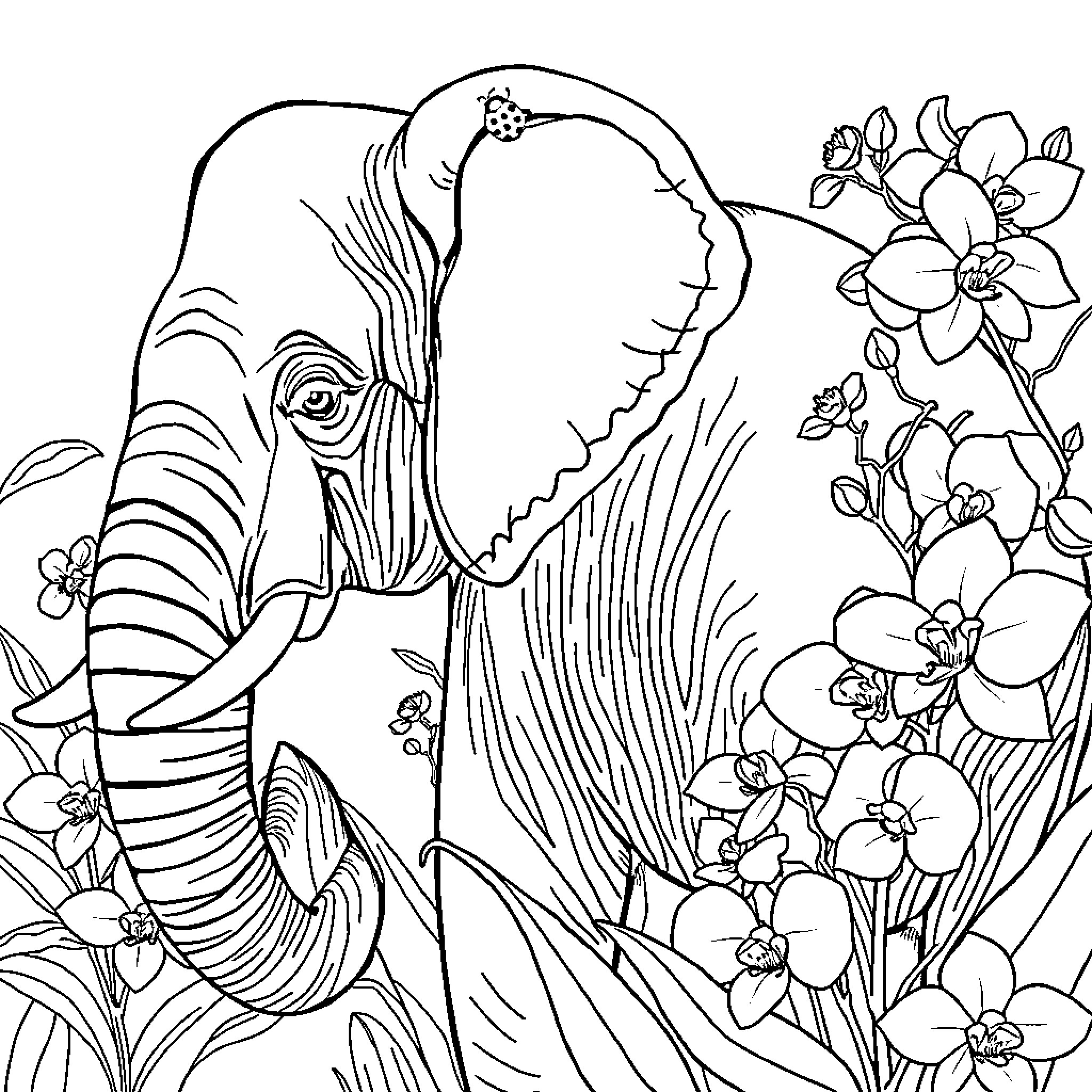 Ladybug exploring a vibrant floral world Coloring Page (free black-and-white line drawing printable PDF for all, from beginners to advanced learners, including children, teens, adults, and seniors)