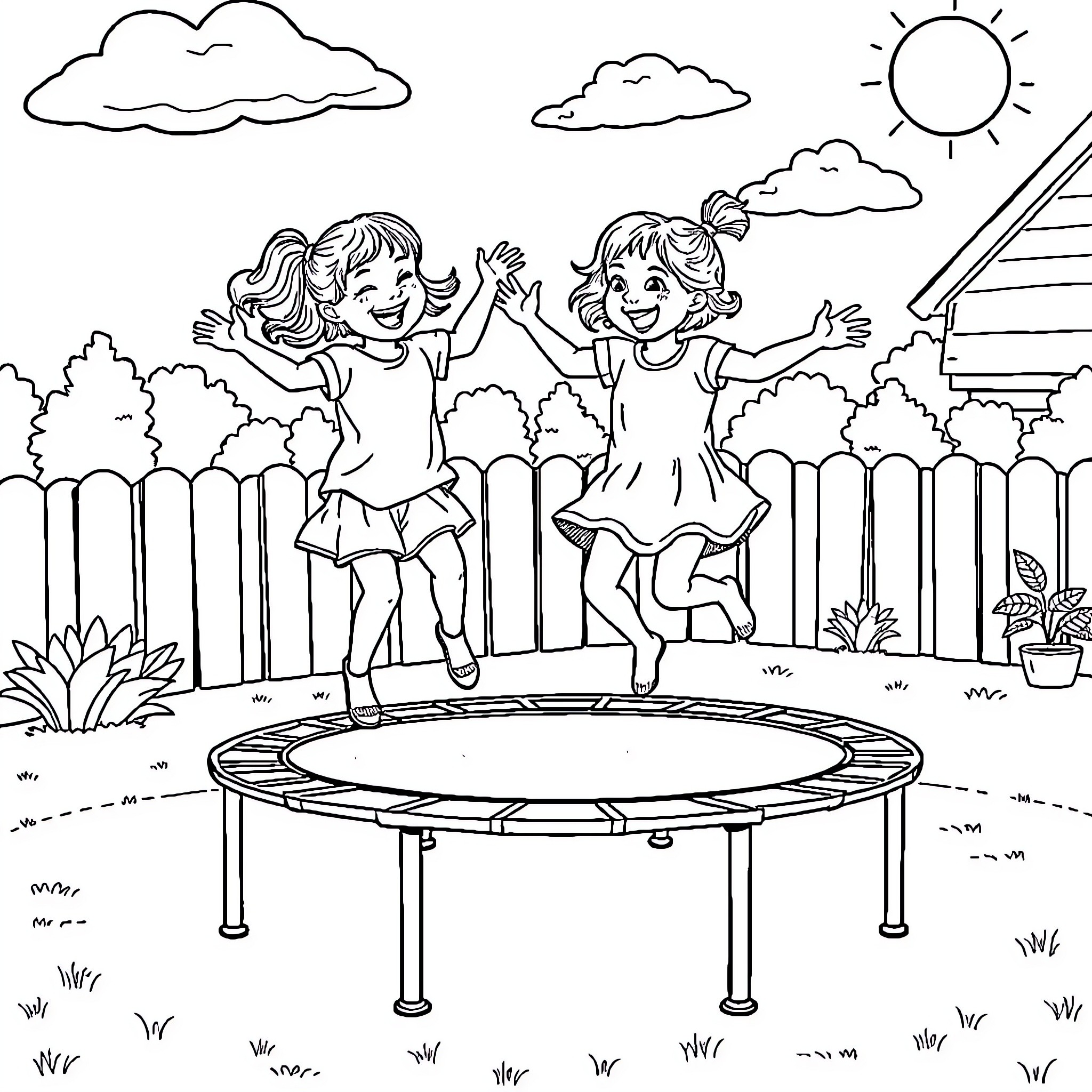 Girls playing happily on a trampoline in the yard Coloring Page (free black-and-white line drawing printable PDF for all, from beginners to advanced learners, including children, teens, adults, and seniors)