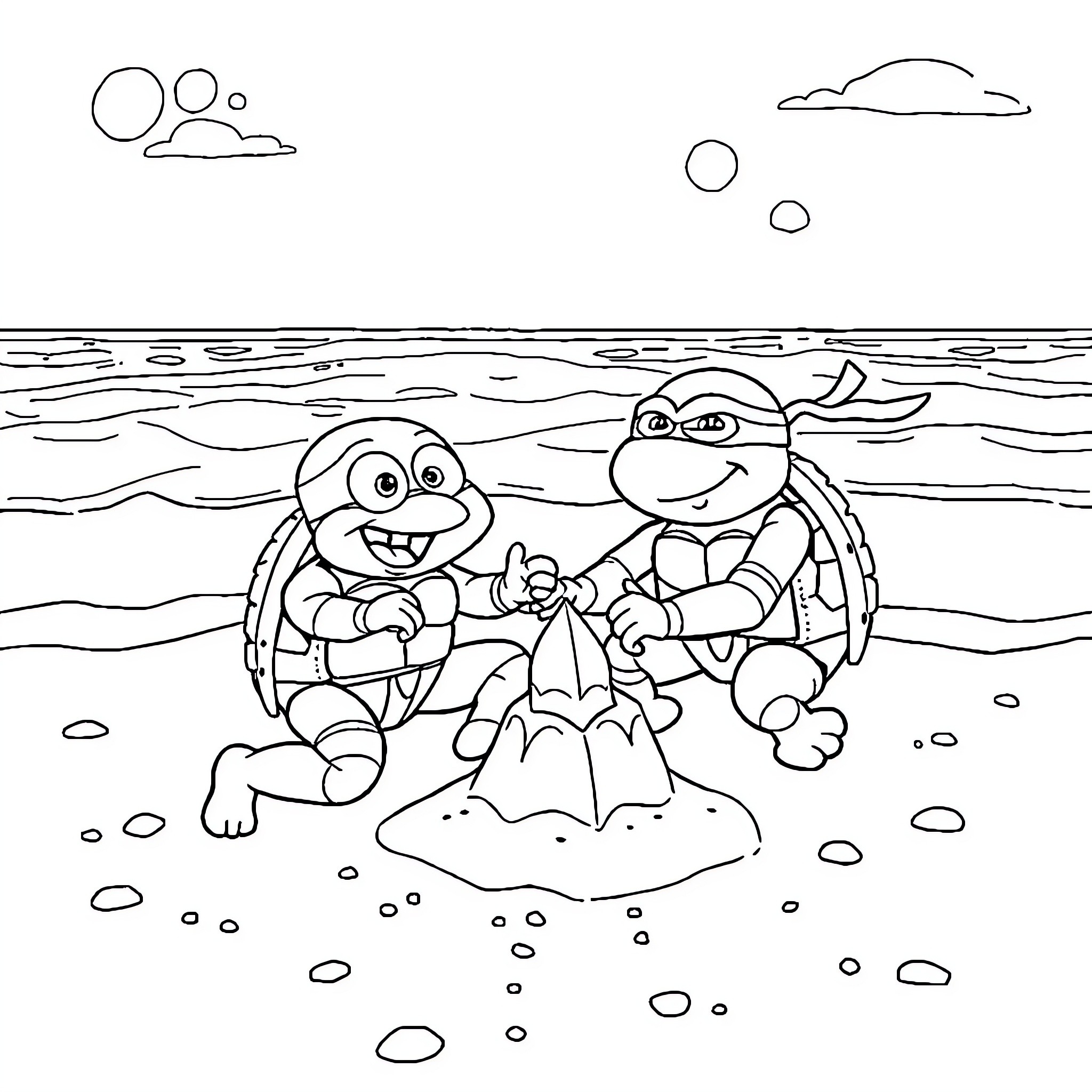 Teenage Mutant Ninja Turtles enjoying beach adventure Coloring Page (free black-and-white line drawing printable PDF for all, from beginners to advanced learners, including children, teens, adults, and seniors)