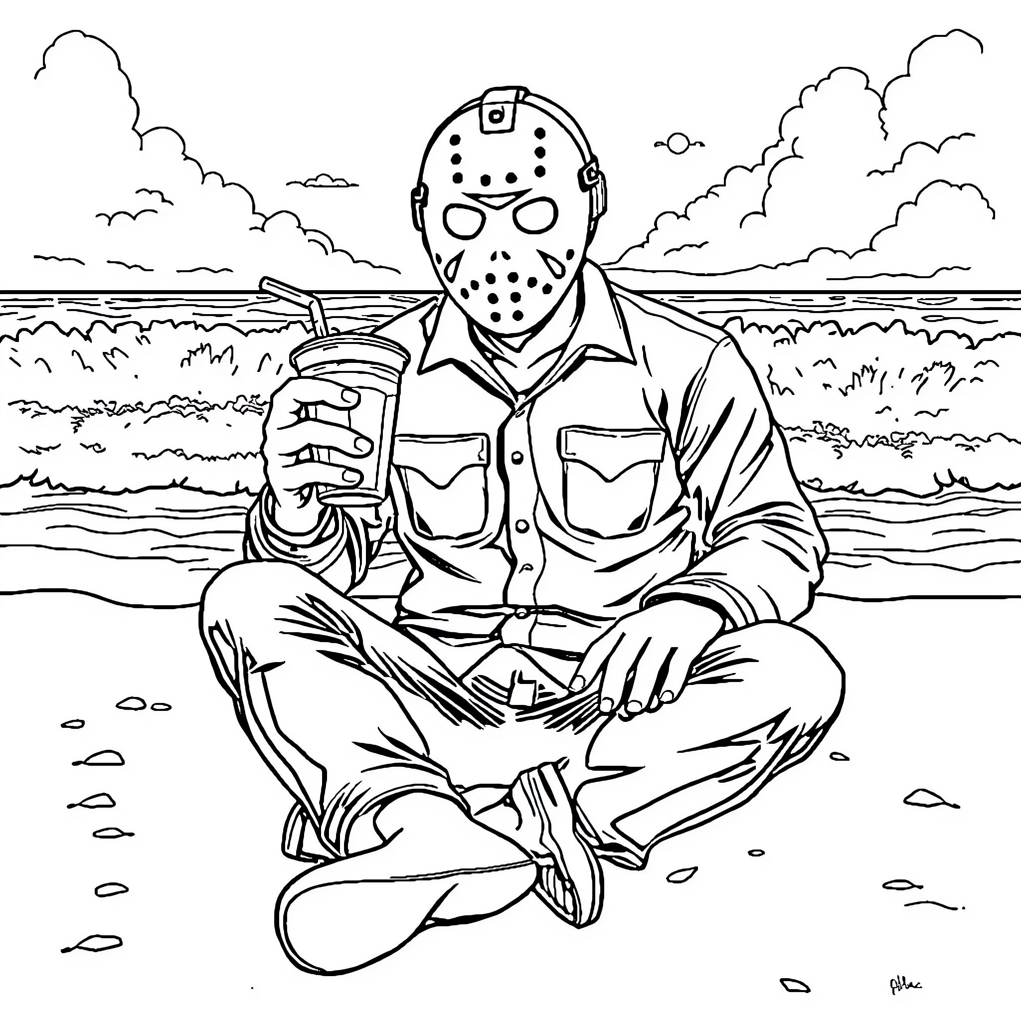 Jason Vorhees enjoying a peaceful lake day Coloring Page (free black-and-white line drawing printable PDF for all, from beginners to advanced learners, including children, teens, adults, and seniors)