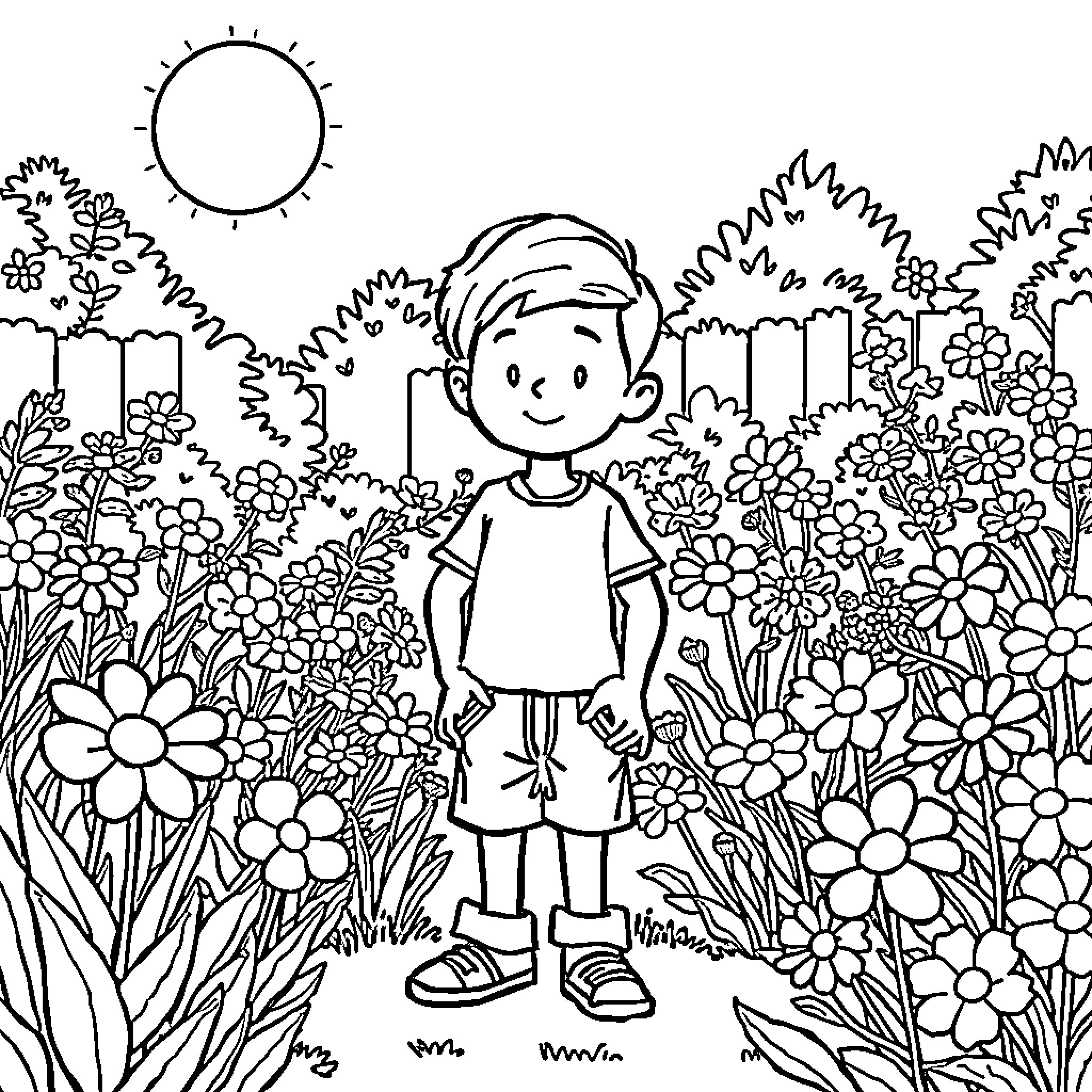 Adam enjoying a sunny day in the lush garden Coloring Page (free black-and-white line drawing printable PDF for all, from beginners to advanced learners, including children, teens, adults, and seniors)