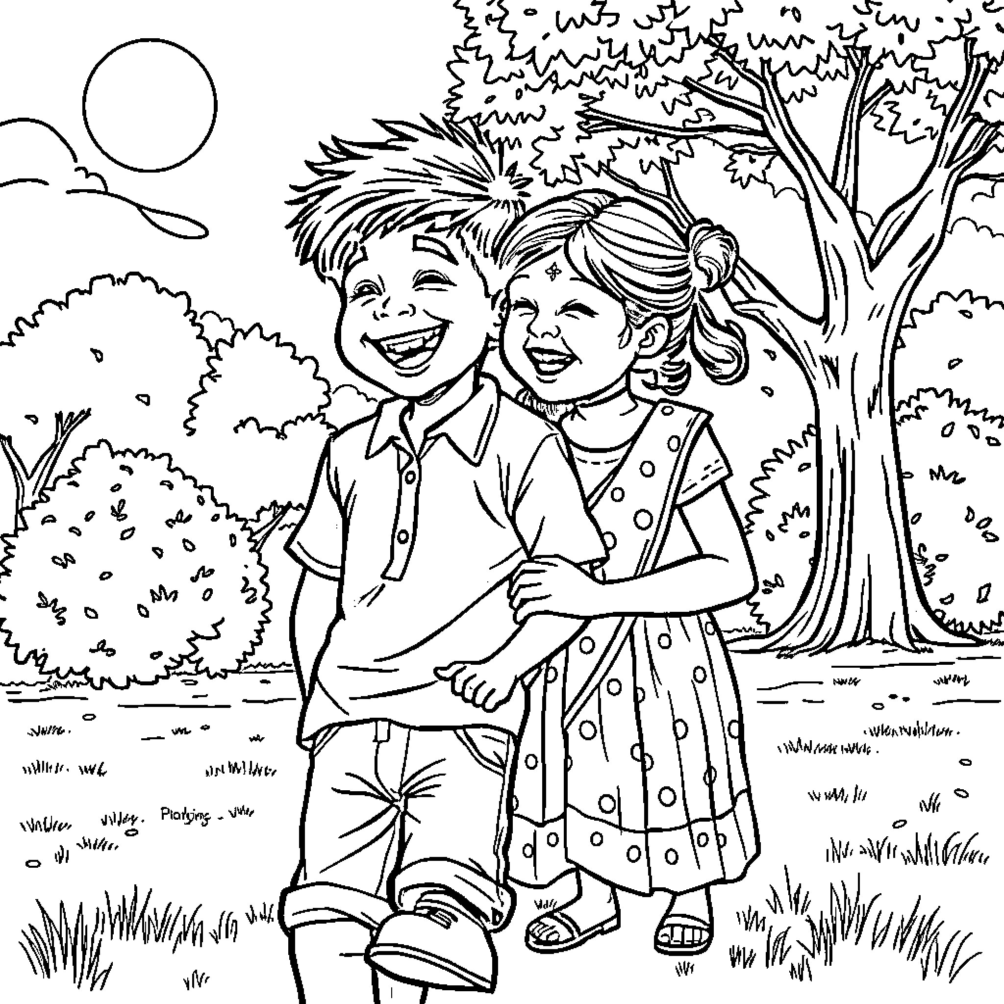 Boy and Girl Embracing in Outdoor Scene Coloring Page (free black-and-white line drawing printable PDF for all, from beginners to advanced learners, including children, teens, adults, and seniors)