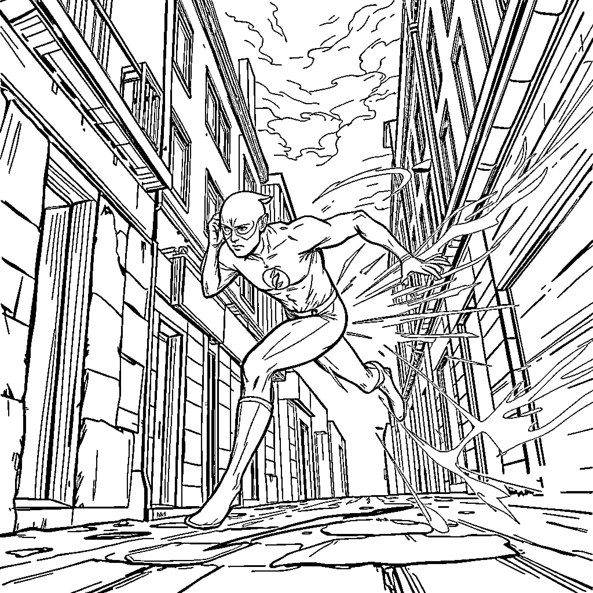 Flash leaping across city skyline Coloring Page (free black-and-white line drawing printable PDF for all, from beginners to advanced learners, including children, teens, adults, and seniors)