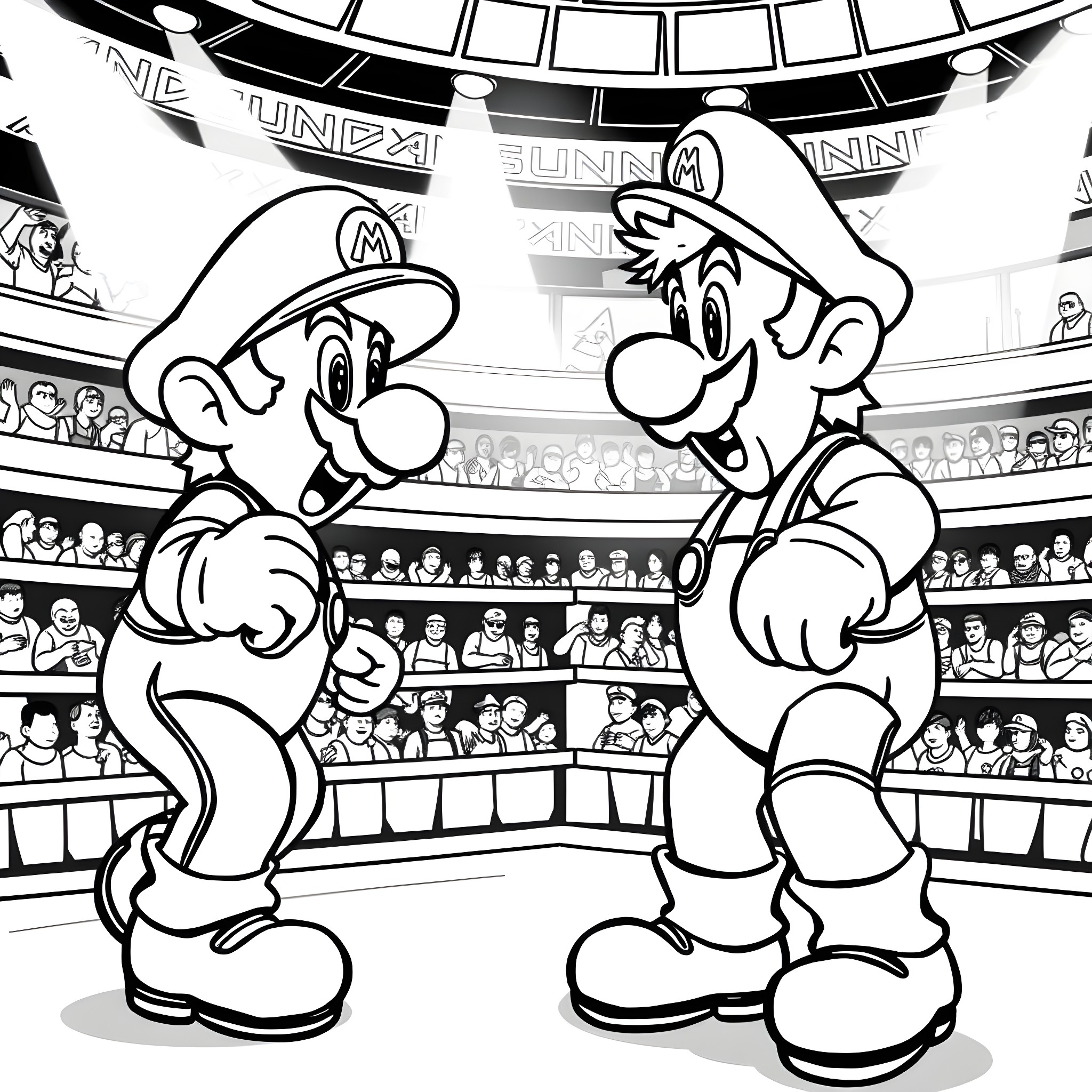 Mario Brothers facing off in an arena Coloring Page (free black-and-white line drawing printable PDF for all, from beginners to advanced learners, including children, teens, adults, and seniors)