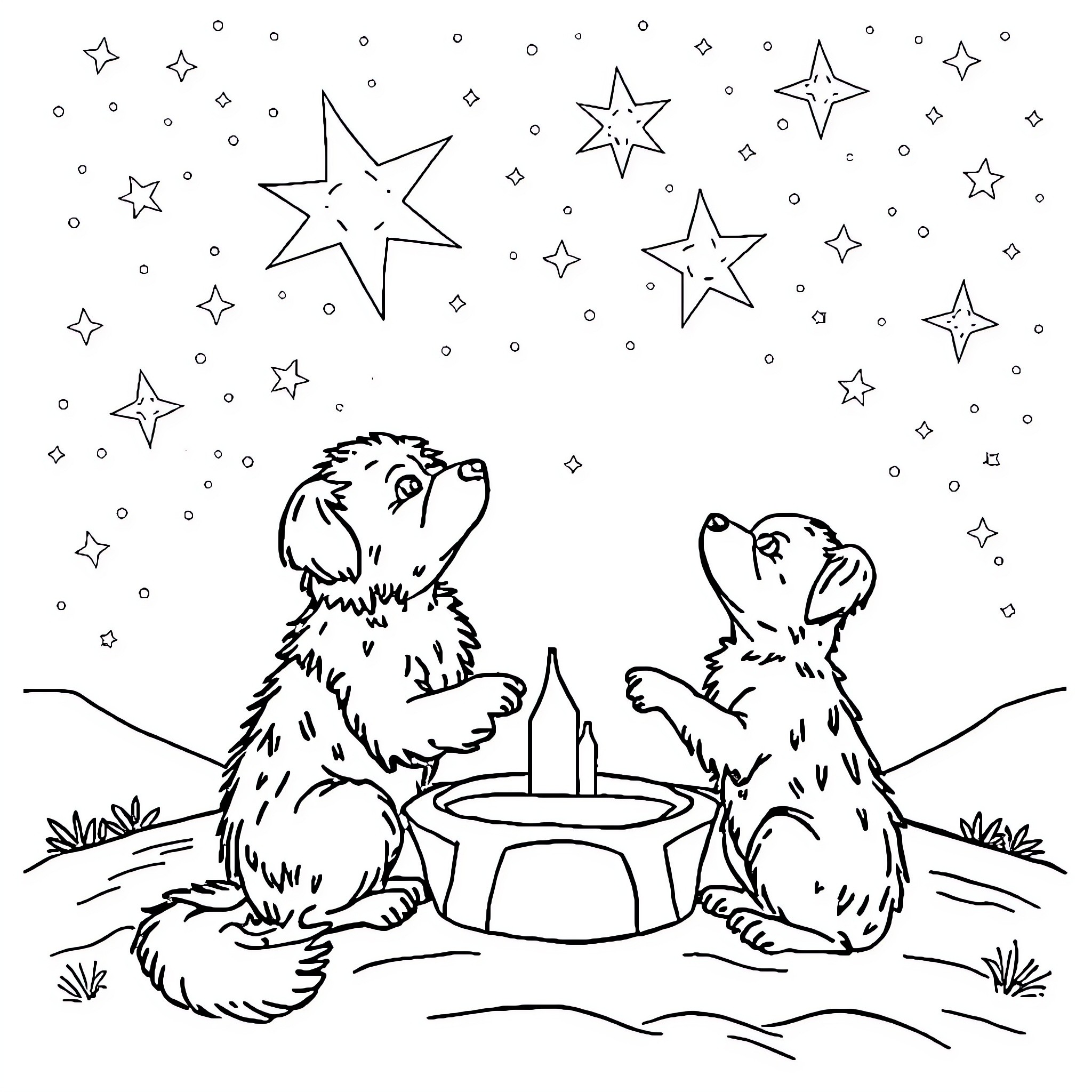 Perro looking at the night sky with stars Coloring Page (free black-and-white line drawing printable PDF for all, from beginners to advanced learners, including children, teens, adults, and seniors)