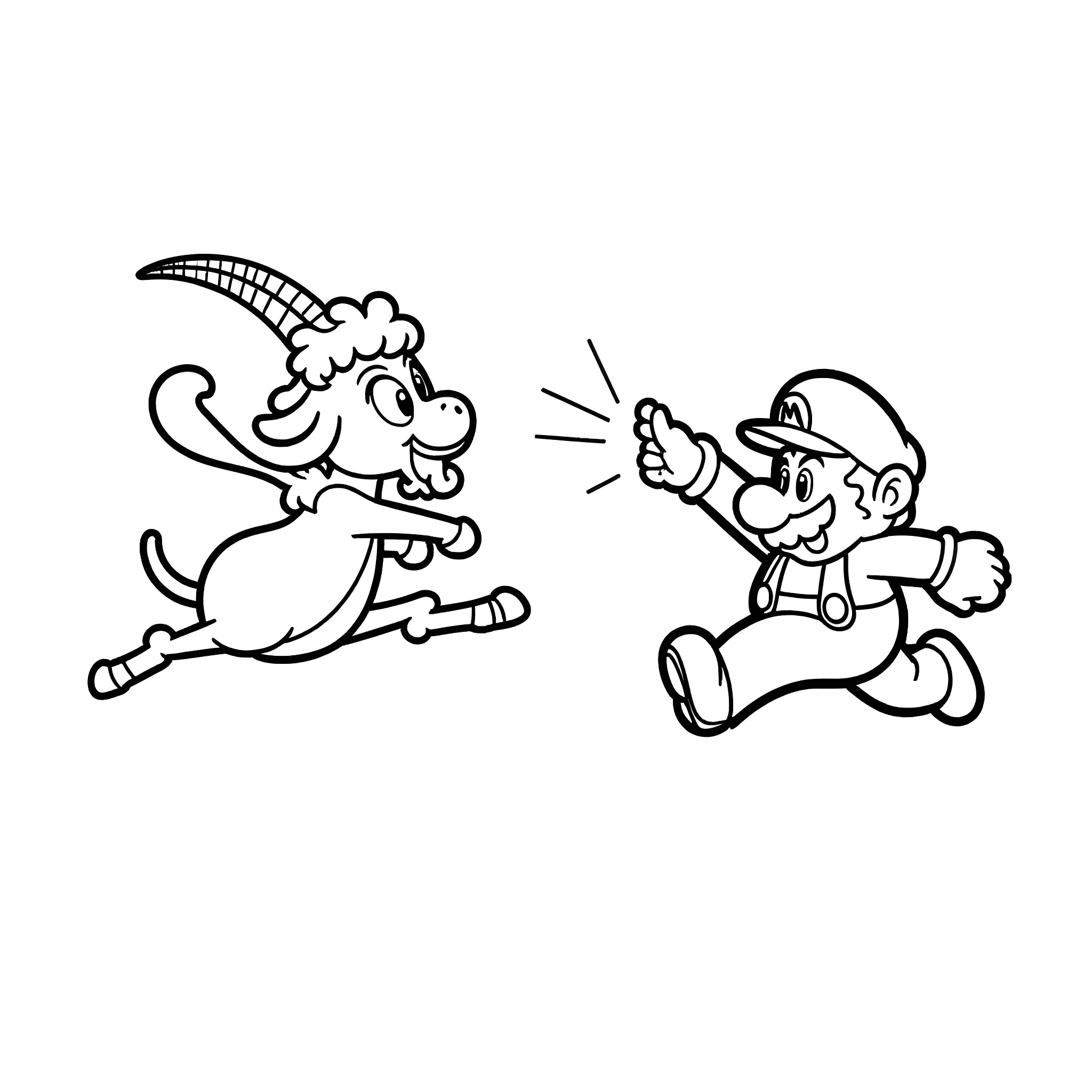 Super Mario and Goomba in Playful Chase Coloring Page (free black-and-white line drawing printable PDF for all, from beginners to advanced learners, including children, teens, adults, and seniors)