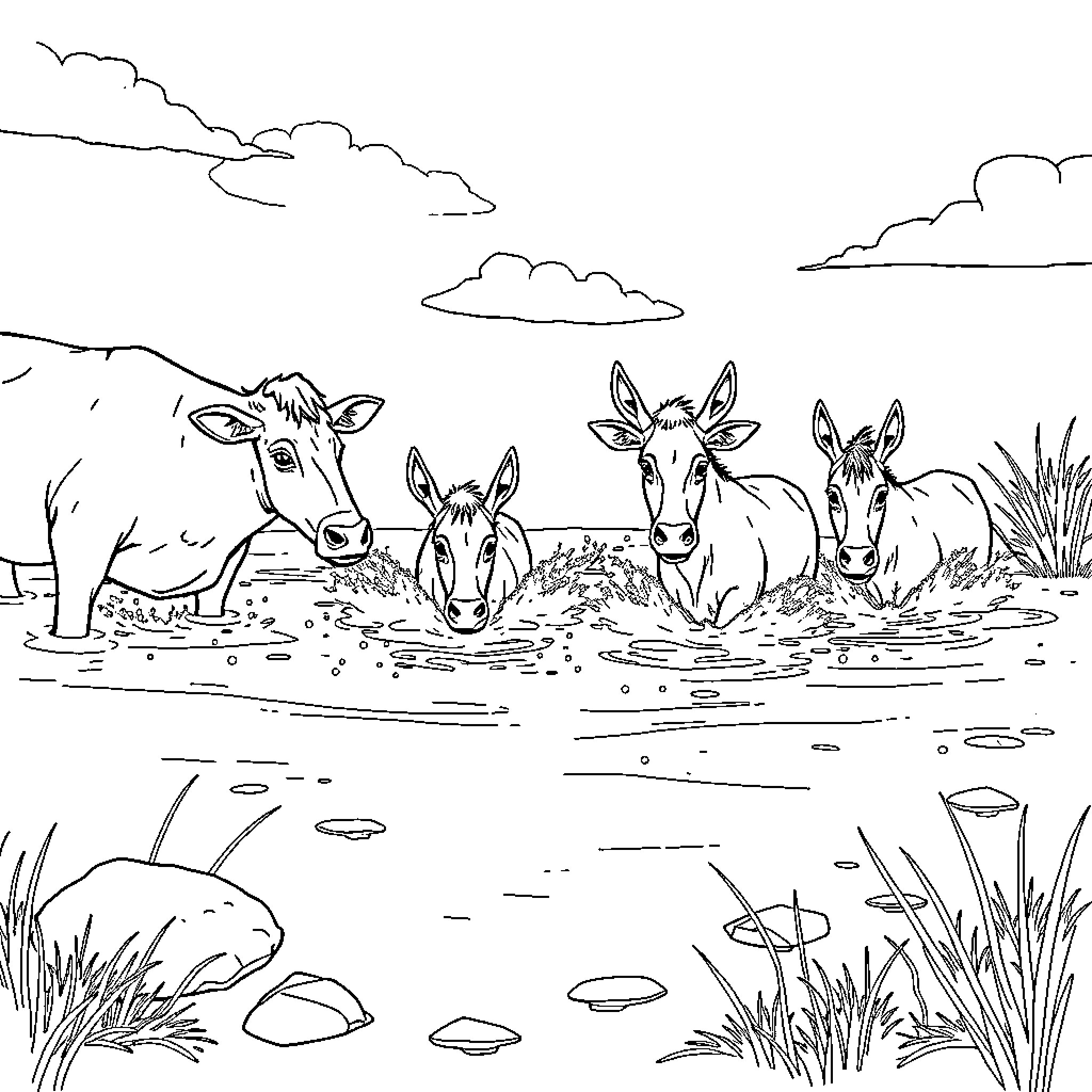 Cows relaxing in a serene countryside landscape Coloring Page (free black-and-white line drawing printable PDF for all, from beginners to advanced learners, including children, teens, adults, and seniors)