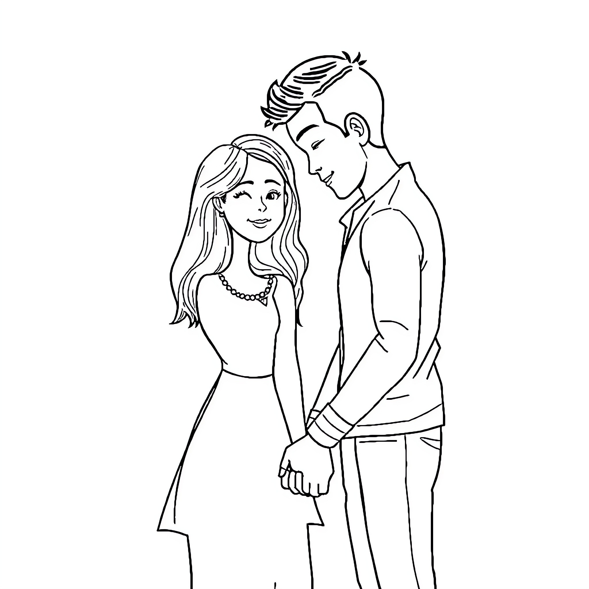 Husband and wife in affectionate embrace Coloring Page (free black-and-white line drawing printable PDF for all, from beginners to advanced learners, including children, teens, adults, and seniors)