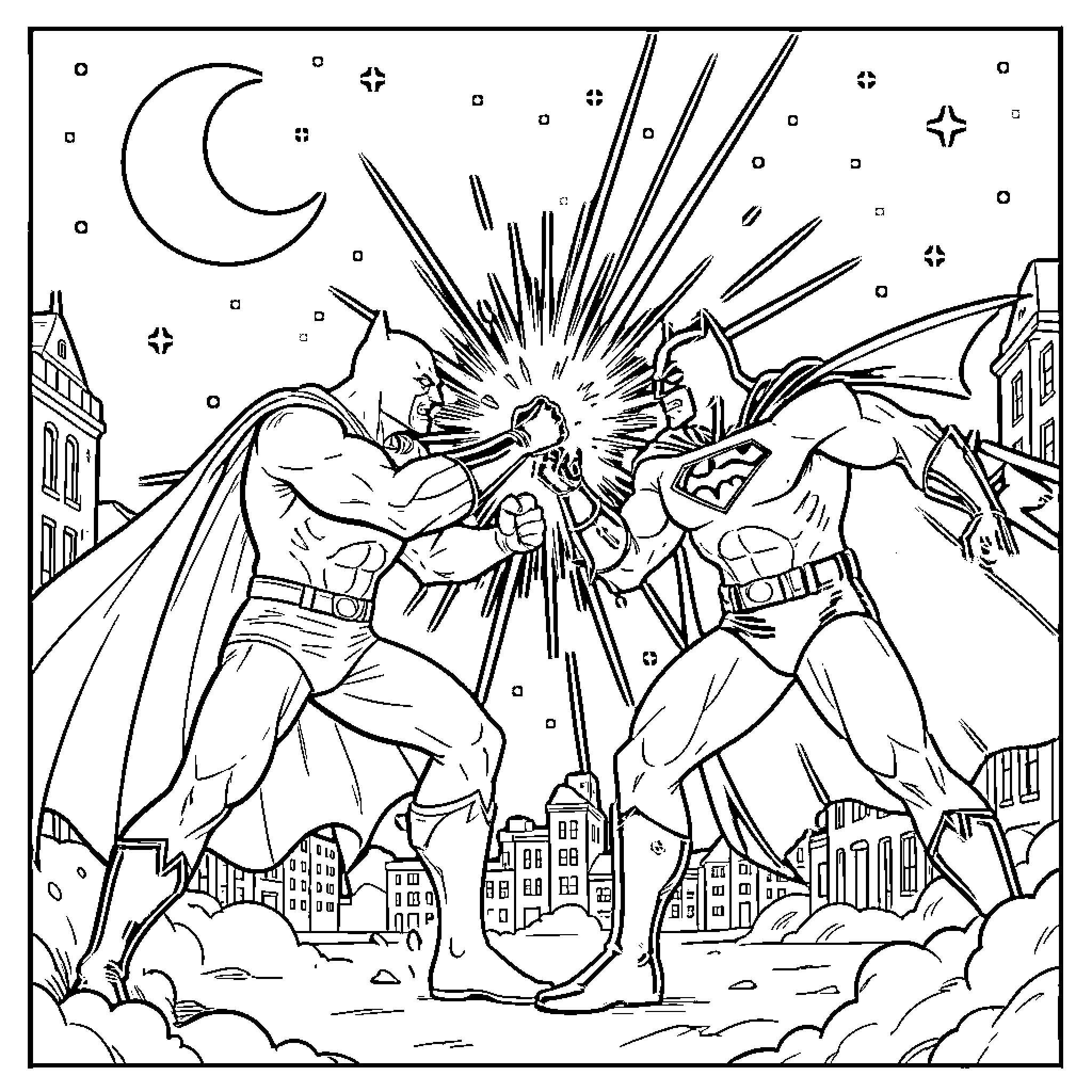 Superman heroically battles against a villainous opponent Coloring Page (free black-and-white line drawing printable PDF for all, from beginners to advanced learners, including children, teens, adults, and seniors)