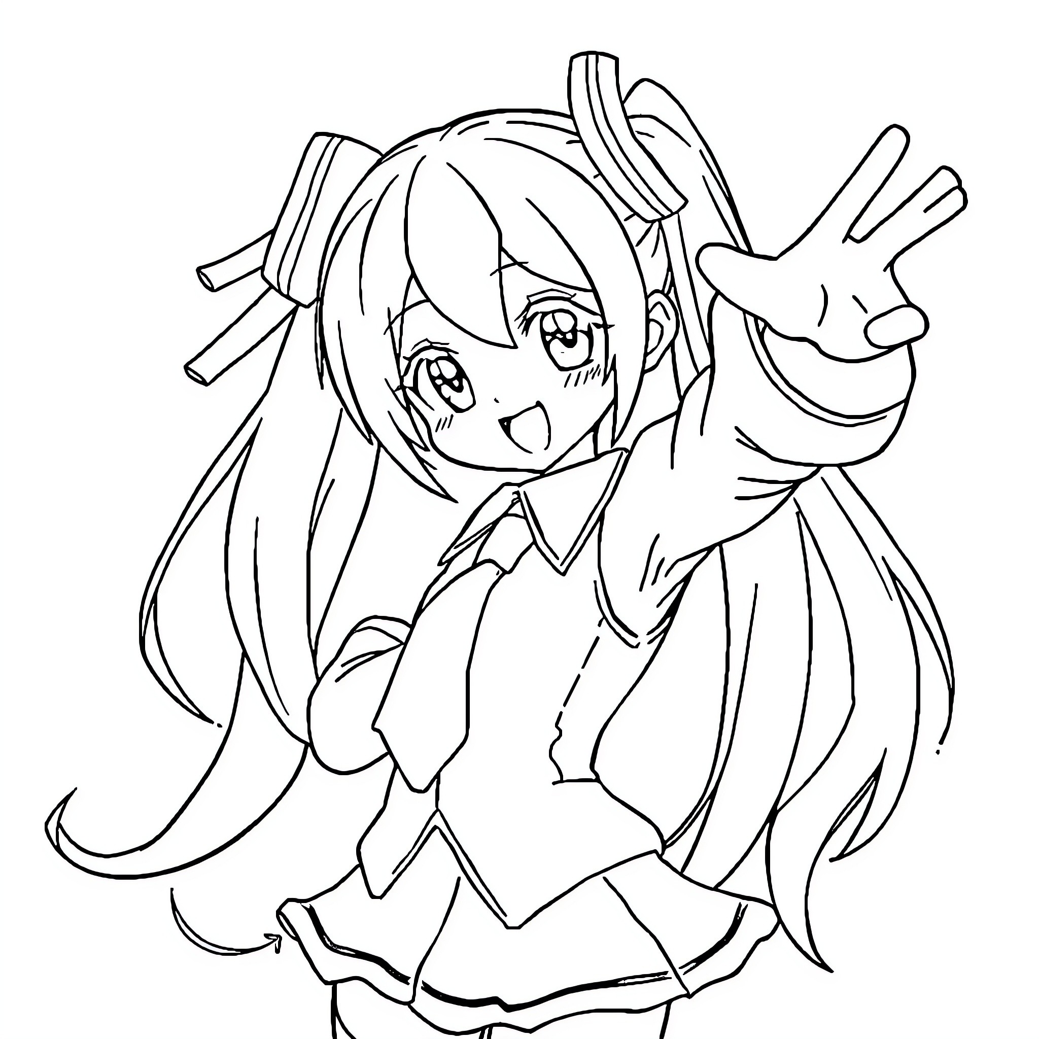 Miku's Cheerful Anime-Style Pose Coloring Page (free black-and-white line drawing printable PDF for all, from beginners to advanced learners, including children, teens, adults, and seniors)