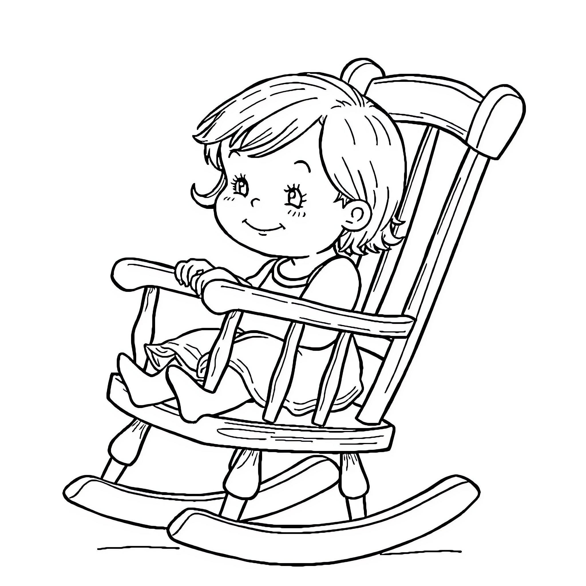 Girl rocking in a wooden chair Coloring Page (free black-and-white line drawing printable PDF for all, from beginners to advanced learners, including children, teens, adults, and seniors)