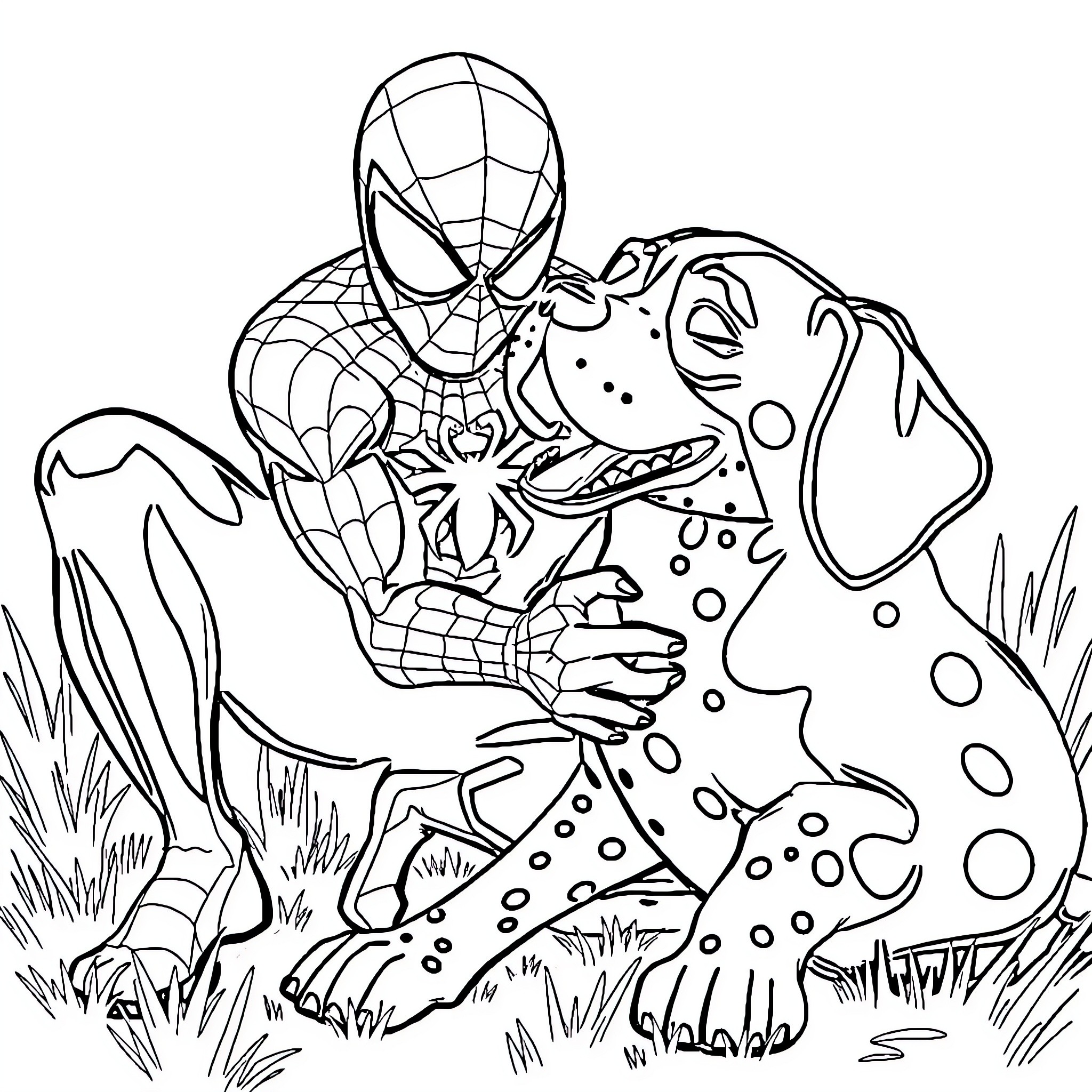 Spider-Man Helping Spotted Creature in Nature Coloring Page (free black-and-white line drawing printable PDF for all, from beginners to advanced learners, including children, teens, adults, and seniors)