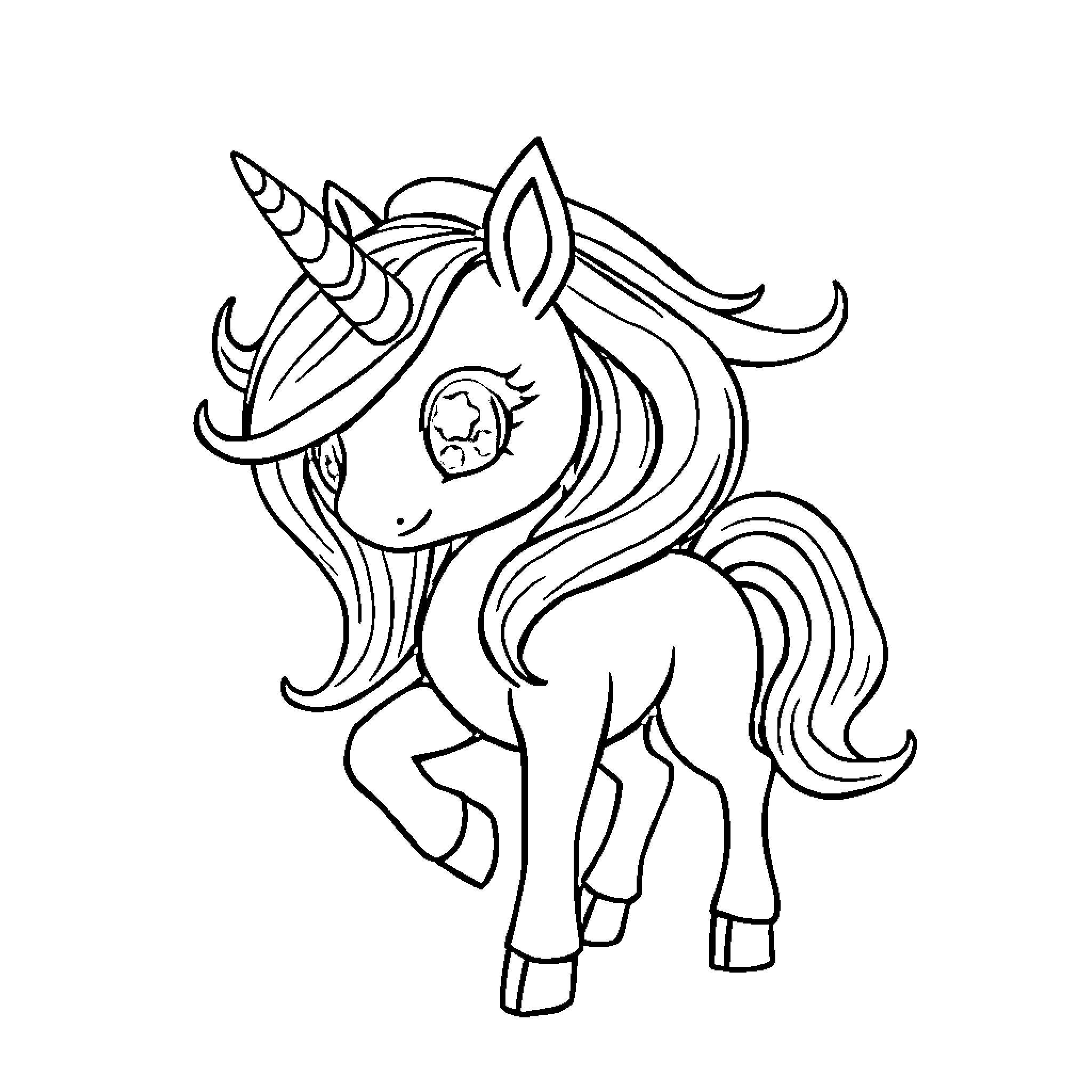 Unicorn with expressive eyes and flowing mane Coloring Page (free black-and-white line drawing printable PDF for all, from beginners to advanced learners, including children, teens, adults, and seniors)
