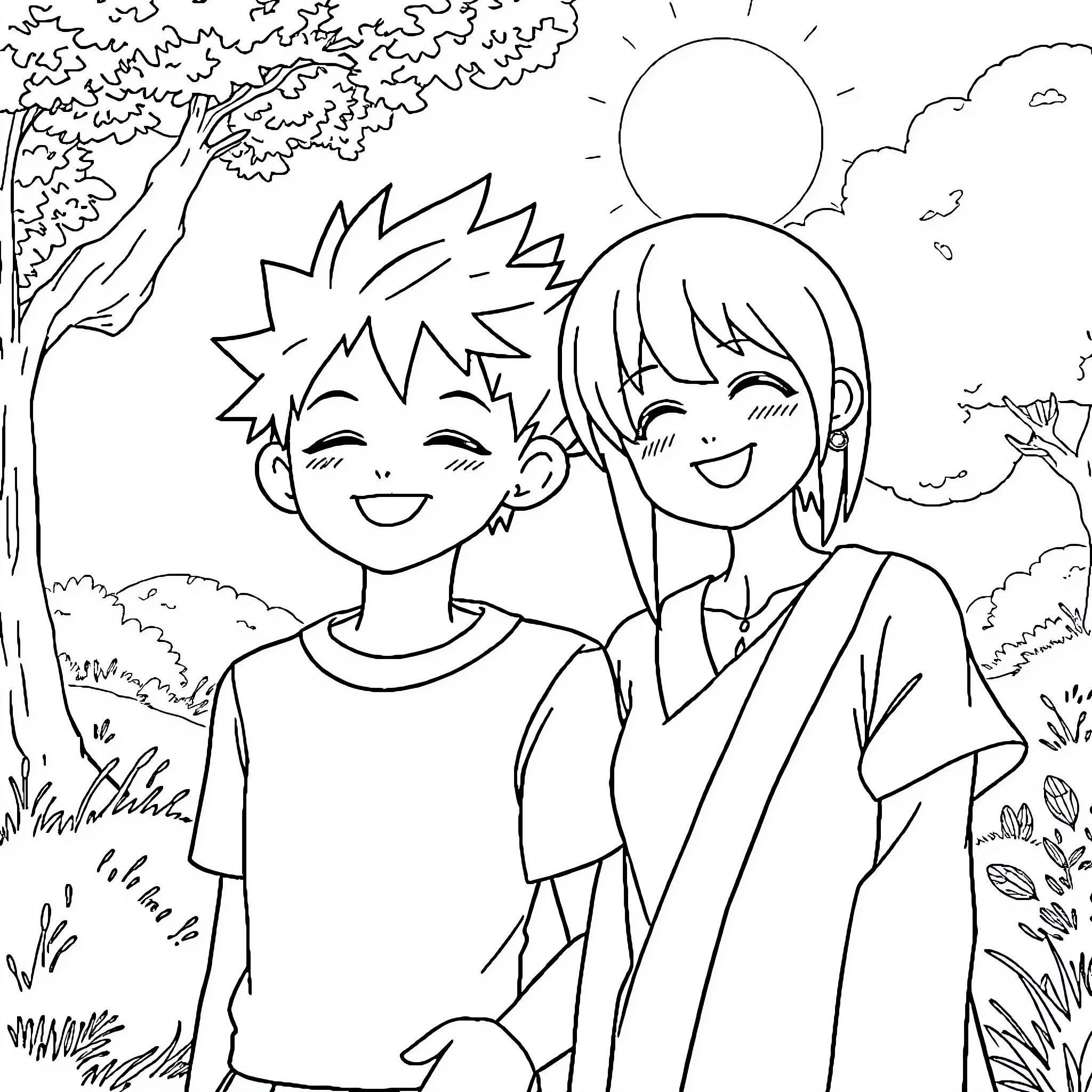 Goten and friend enjoying a sunny day outdoors Coloring Page (free black-and-white line drawing printable PDF for all, from beginners to advanced learners, including children, teens, adults, and seniors)