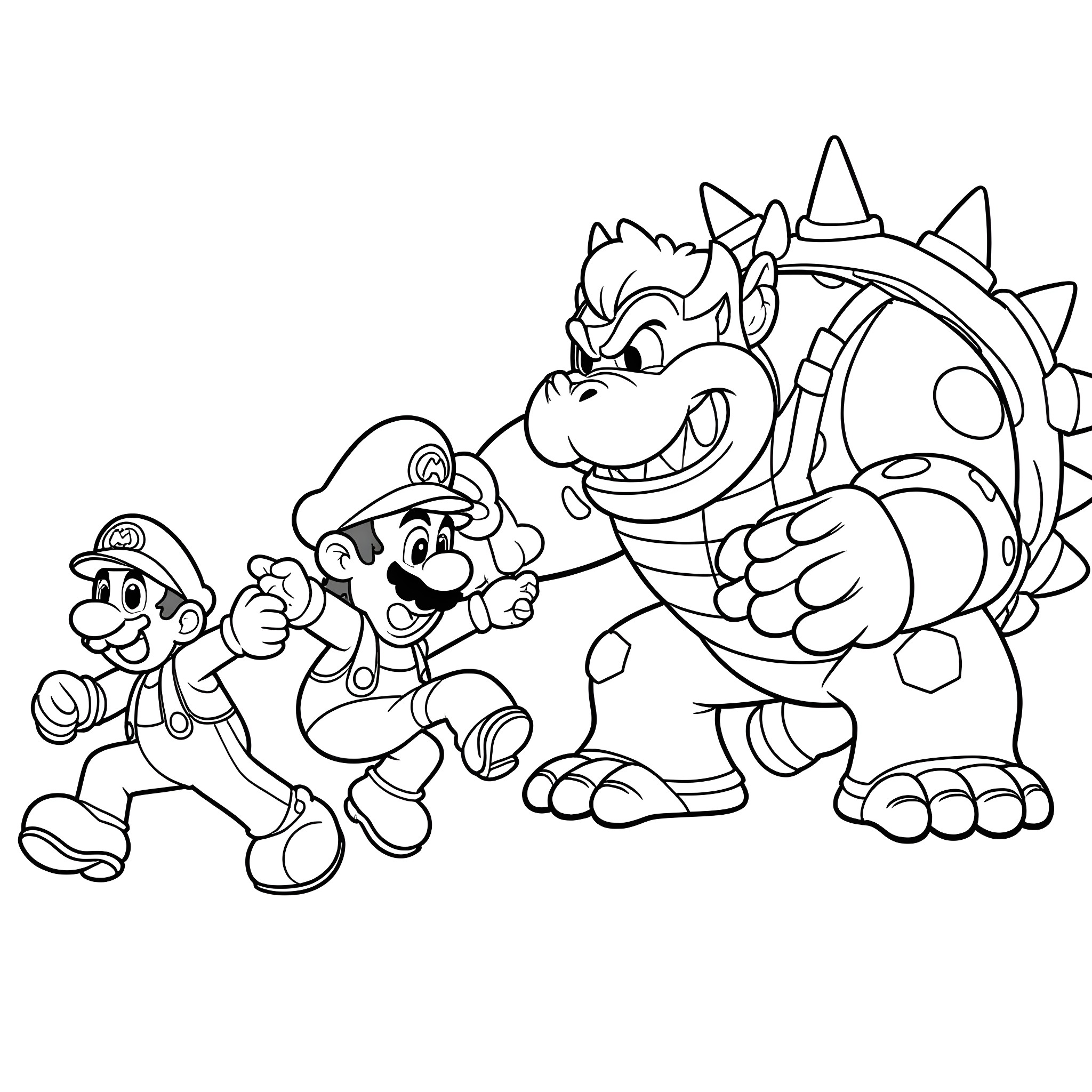 Mario and friends battling a fierce monster Coloring Page (free black-and-white line drawing printable PDF for all, from beginners to advanced learners, including children, teens, adults, and seniors)