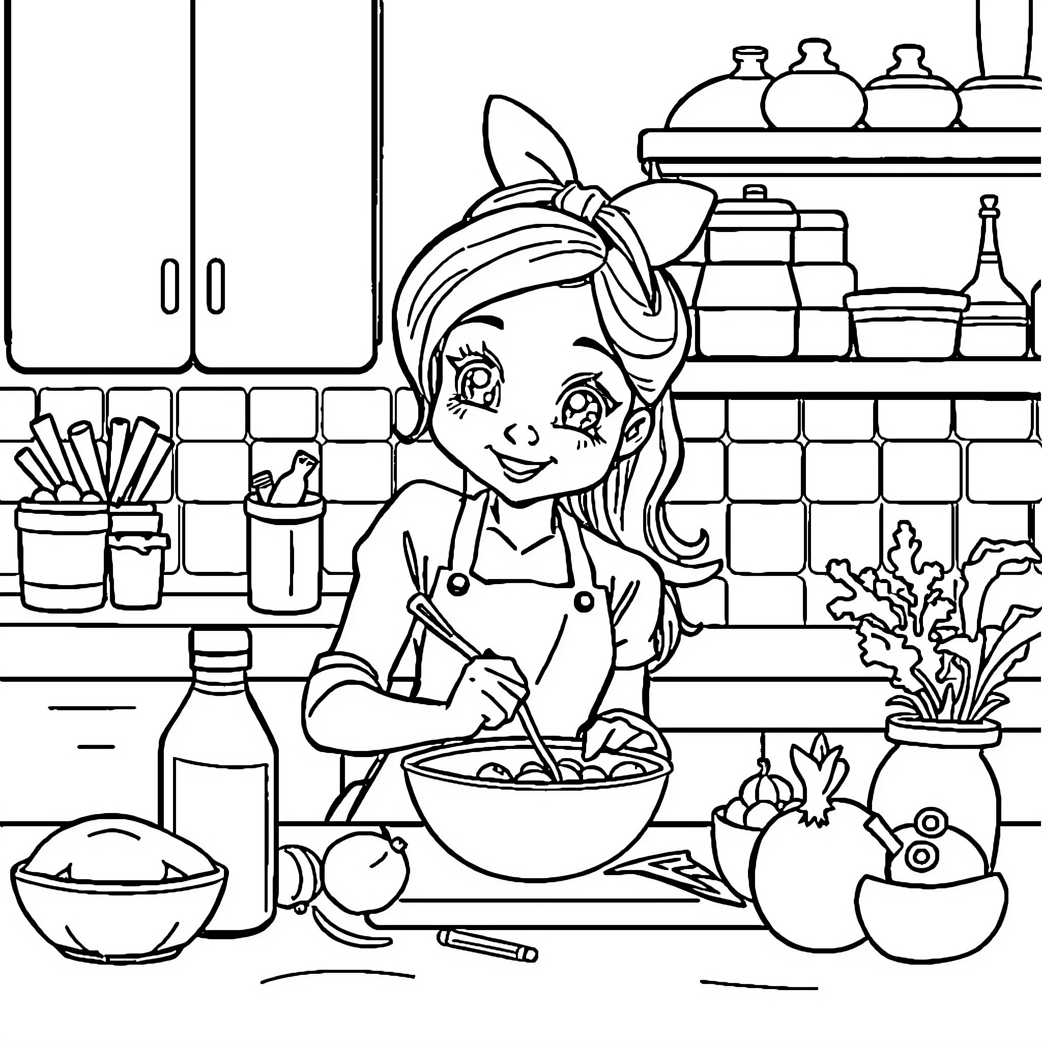Chica cooking happily in the kitchen Coloring Page (free black-and-white line drawing printable PDF for all, from beginners to advanced learners, including children, teens, adults, and seniors)