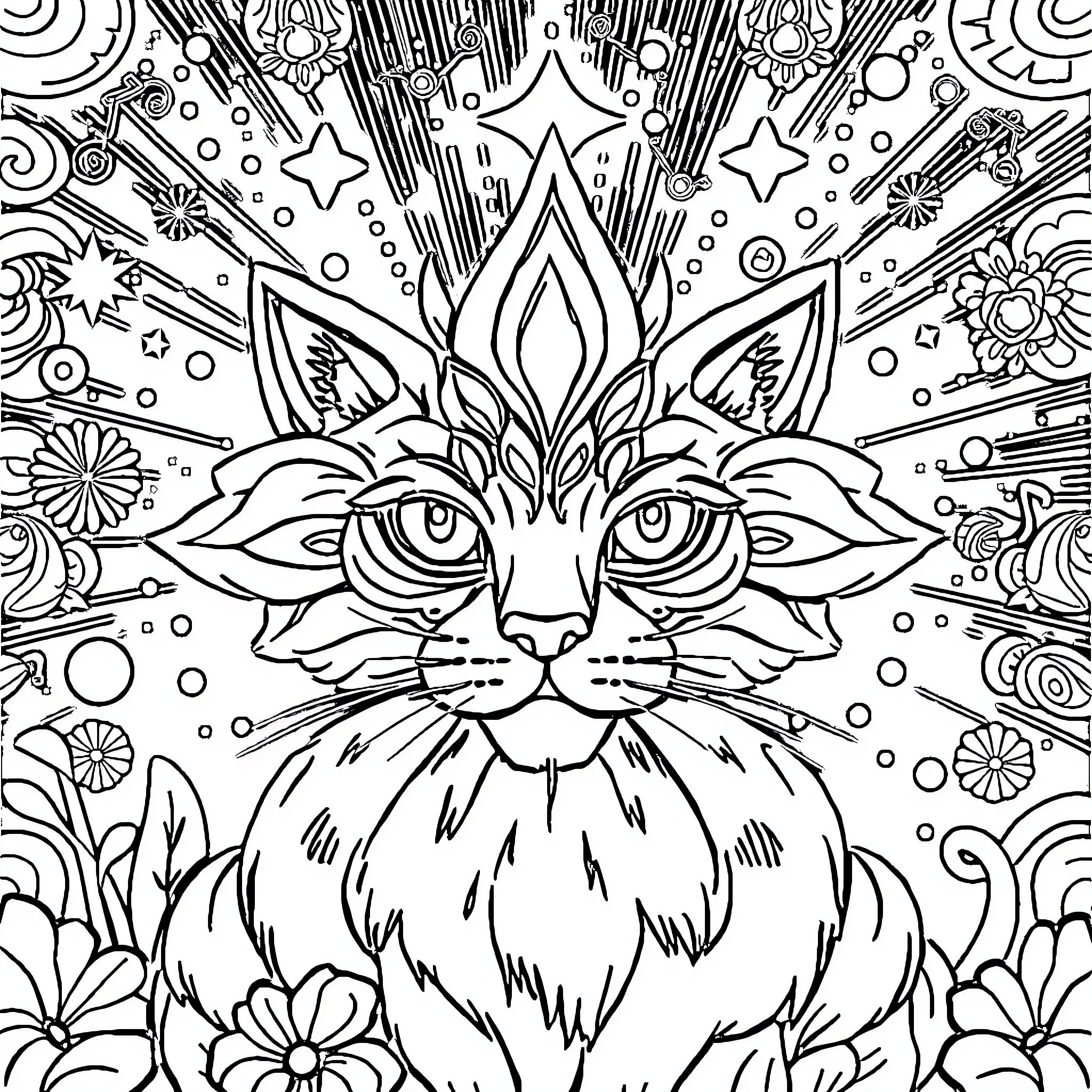 Drawing of a Mystic Cat Surrounded by Floral Imagery Coloring Page (free black-and-white line drawing printable PDF for all, from beginners to advanced learners, including children, teens, adults, and seniors)