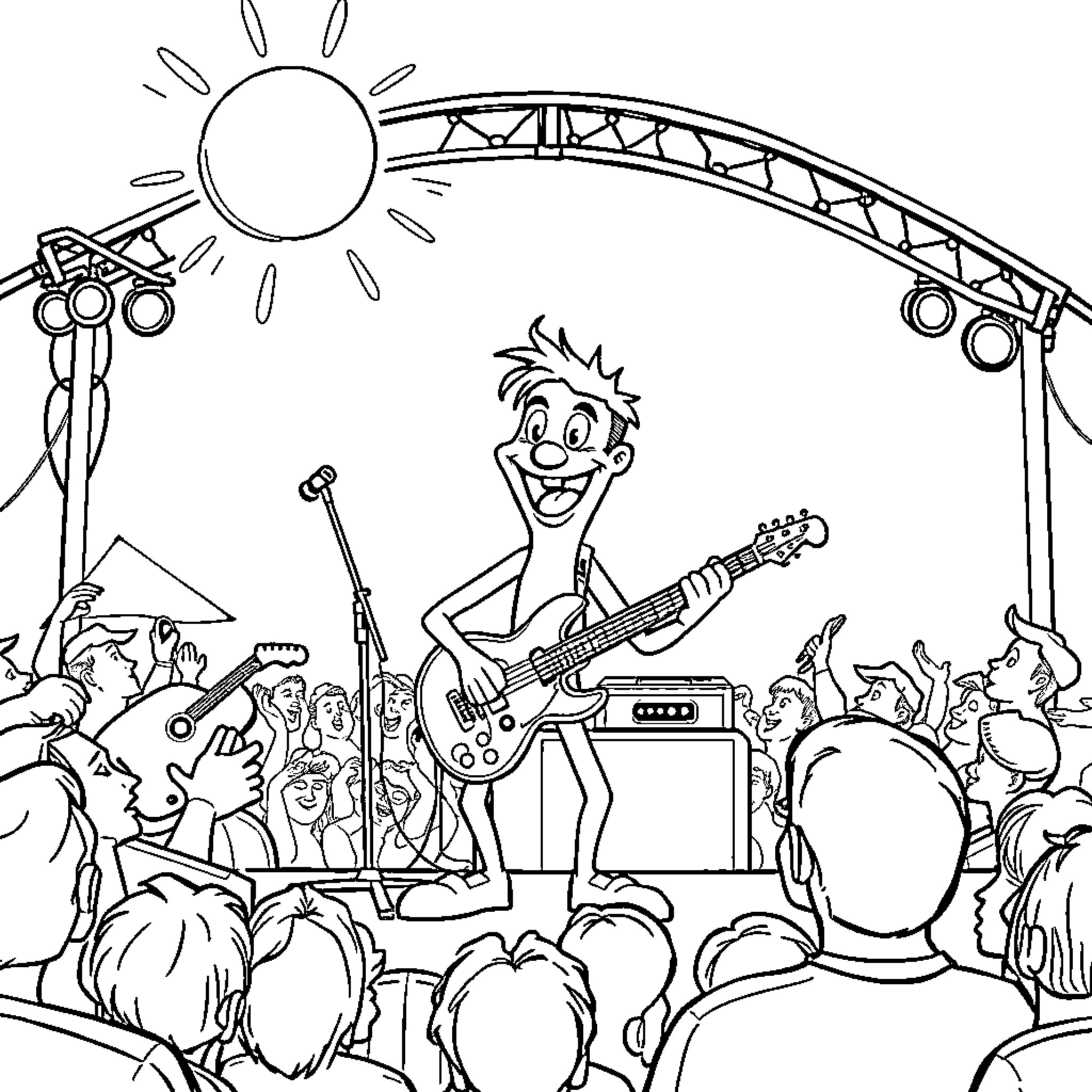 Dale Cobble performs on stage for cheering crowd Coloring Page (free black-and-white line drawing printable PDF for all, from beginners to advanced learners, including children, teens, adults, and seniors)