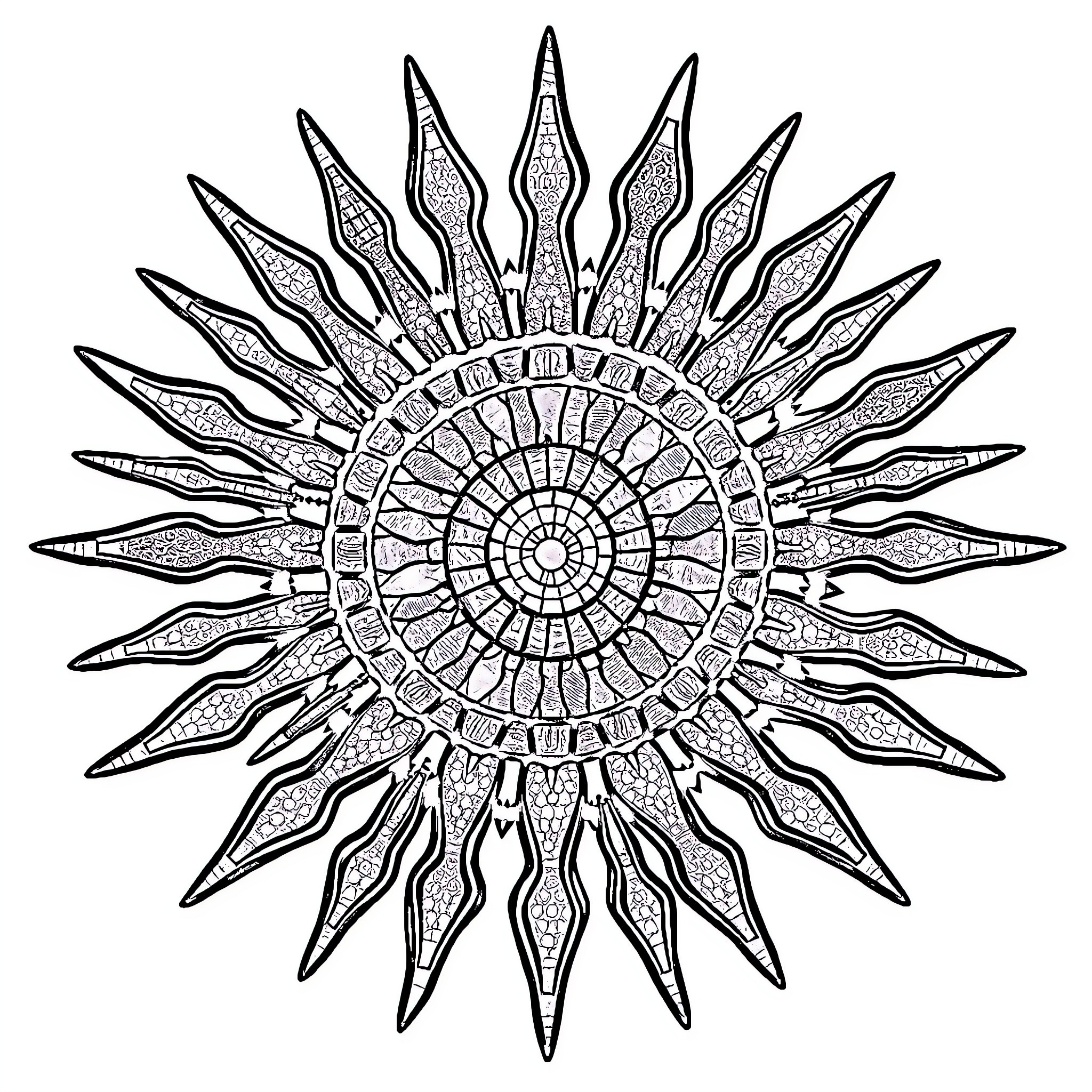 Sun's Radiant Mandala Design Coloring Page (free black-and-white line drawing printable PDF for all, from beginners to advanced learners, including children, teens, adults, and seniors)