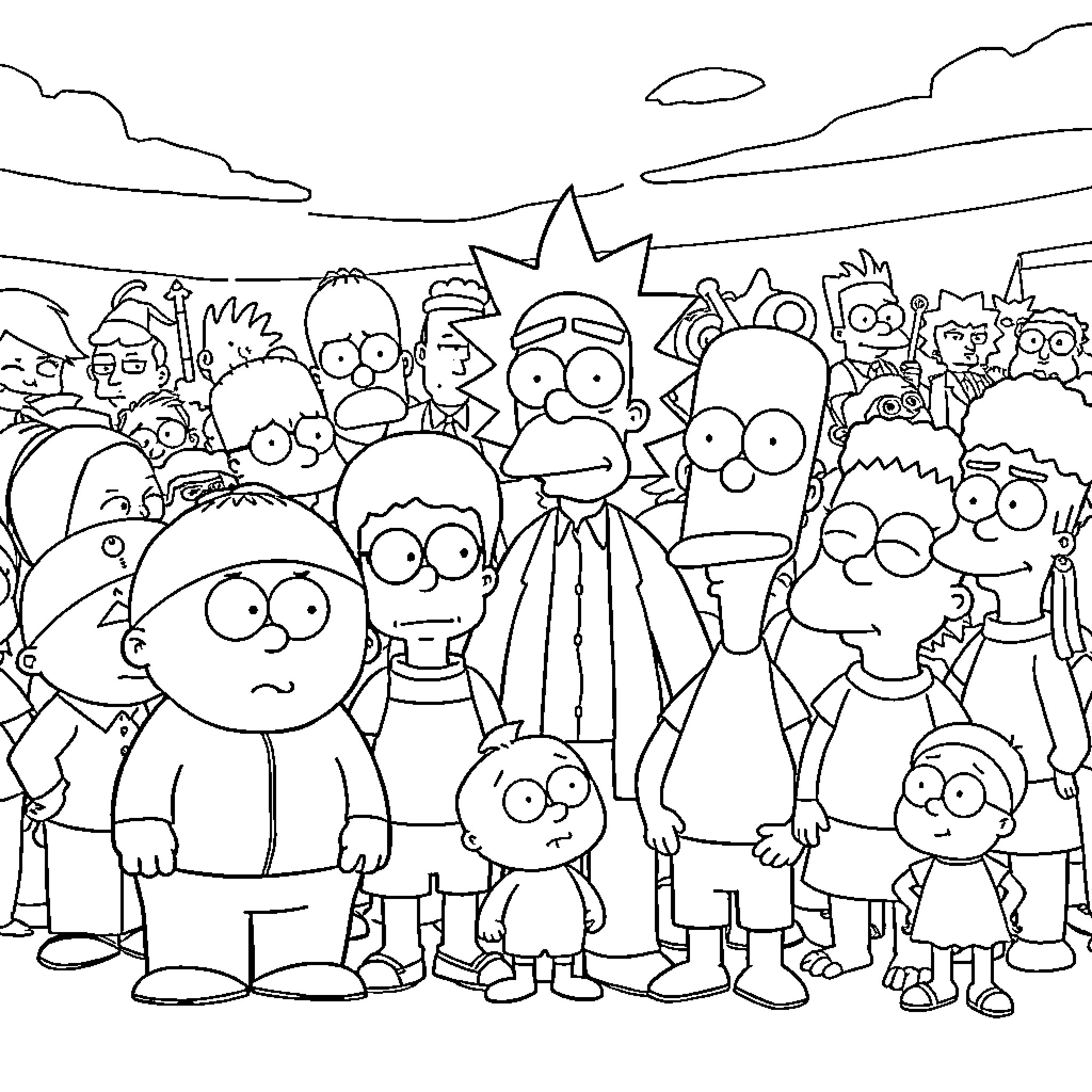 Character group of quirky cartoon figures Coloring Page (free black-and-white line drawing printable PDF for all, from beginners to advanced learners, including children, teens, adults, and seniors)