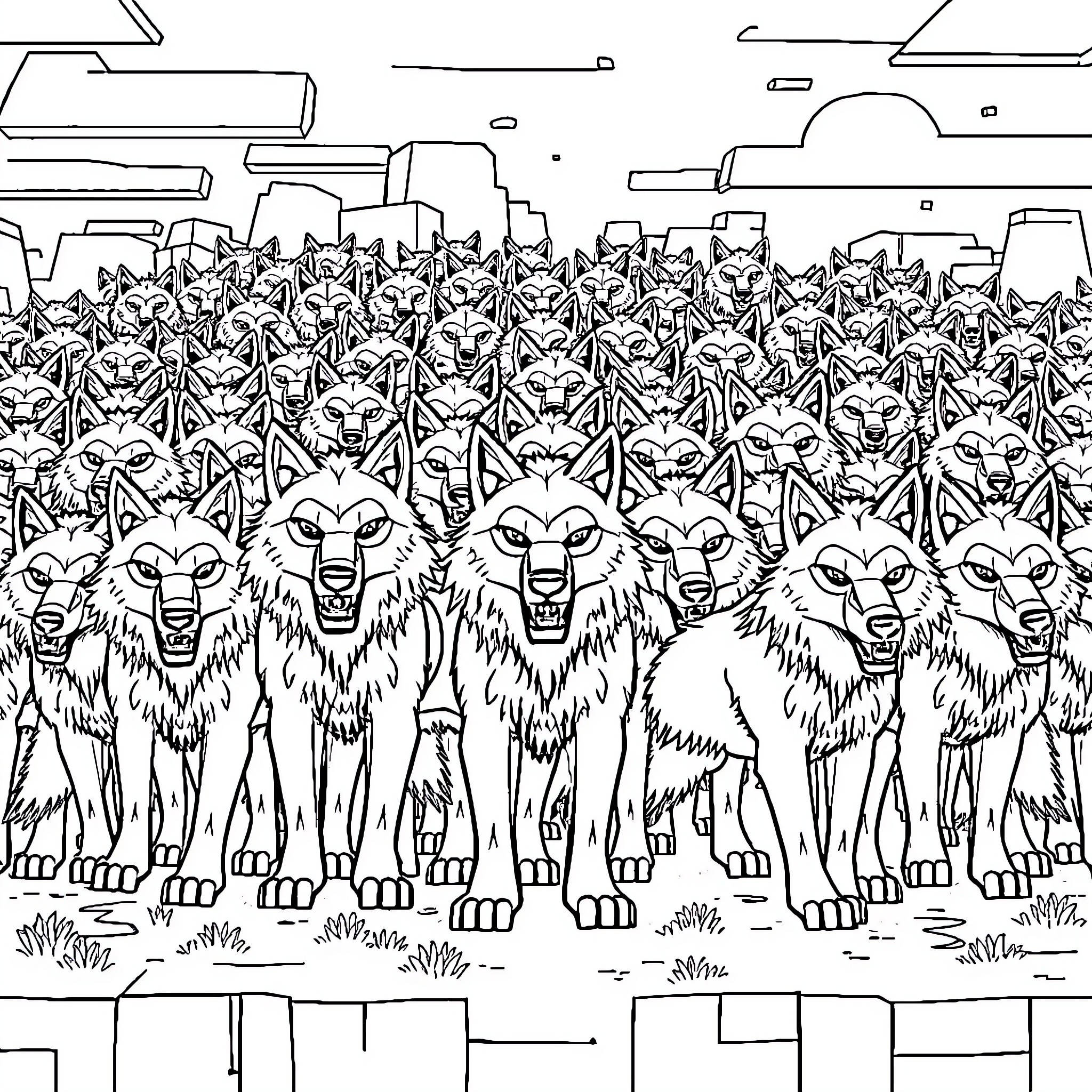 Wolf army marching towards the horizon Coloring Page (free black-and-white line drawing printable PDF for all, from beginners to advanced learners, including children, teens, adults, and seniors)