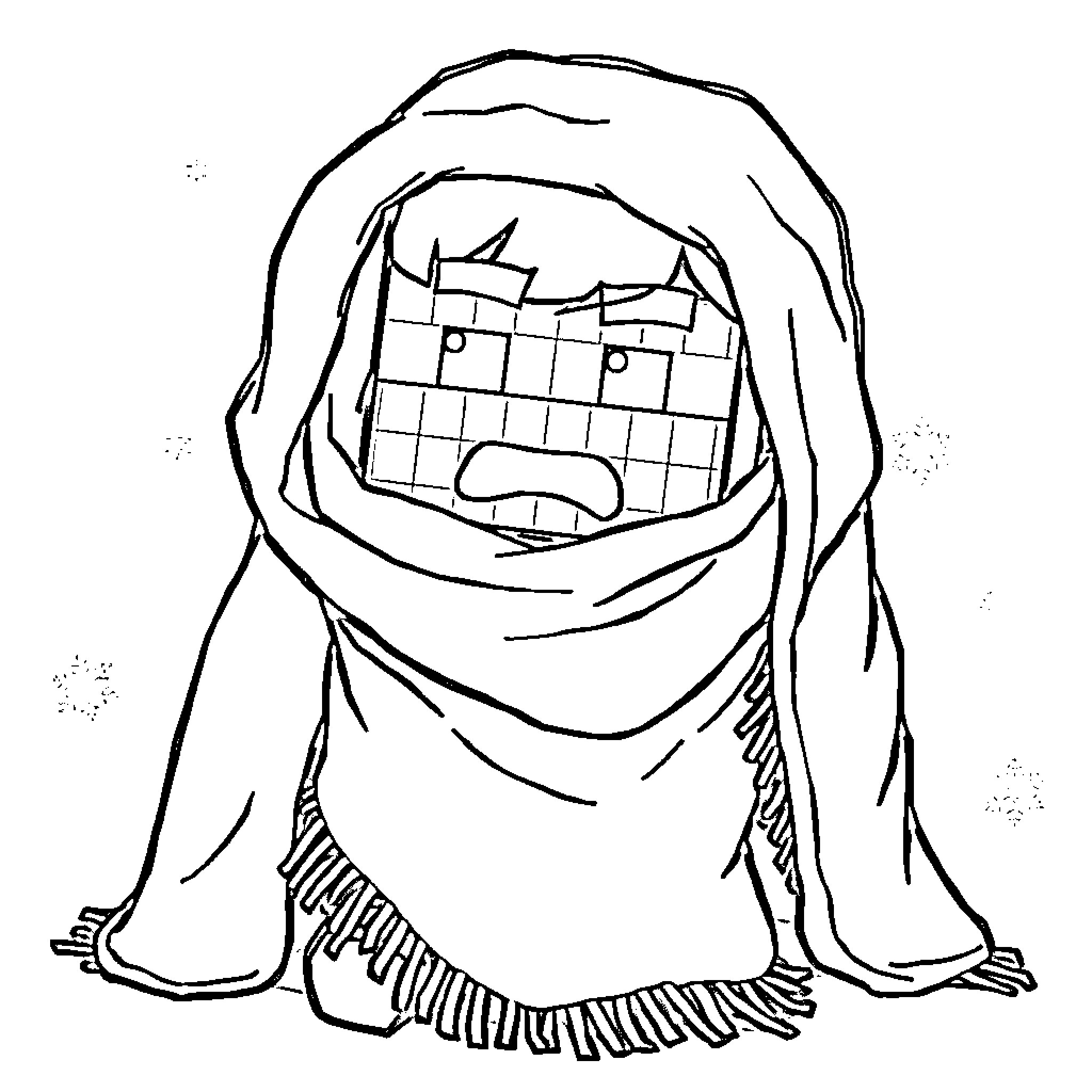 Minecraft character wearing a hooded cloak with a worried expression Coloring Page (free black-and-white line drawing printable PDF for all, from beginners to advanced learners, including children, teens, adults, and seniors)