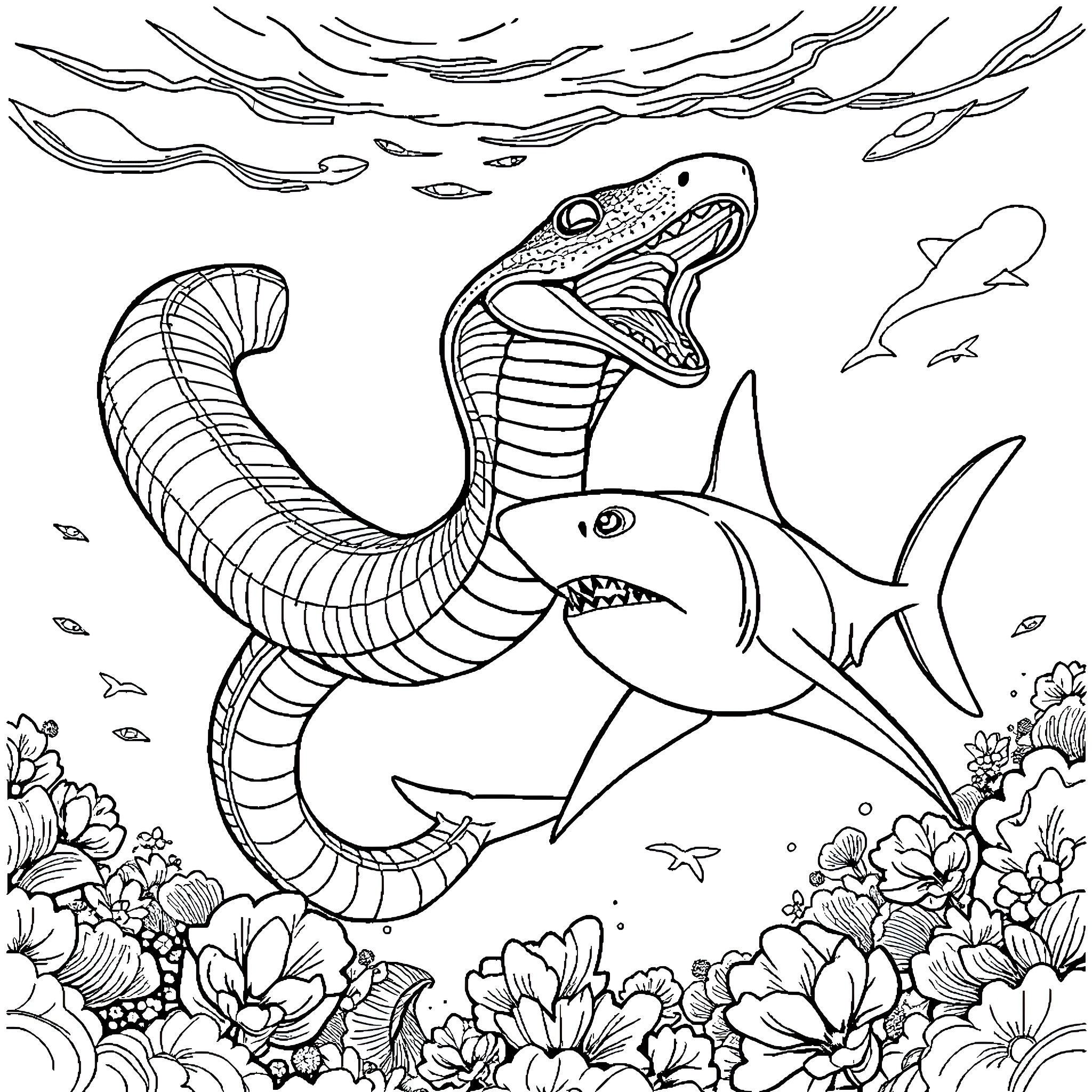 Cobra Hunting Shark in Underwater Seascape Coloring Page (free black-and-white line drawing printable PDF for all, from beginners to advanced learners, including children, teens, adults, and seniors)