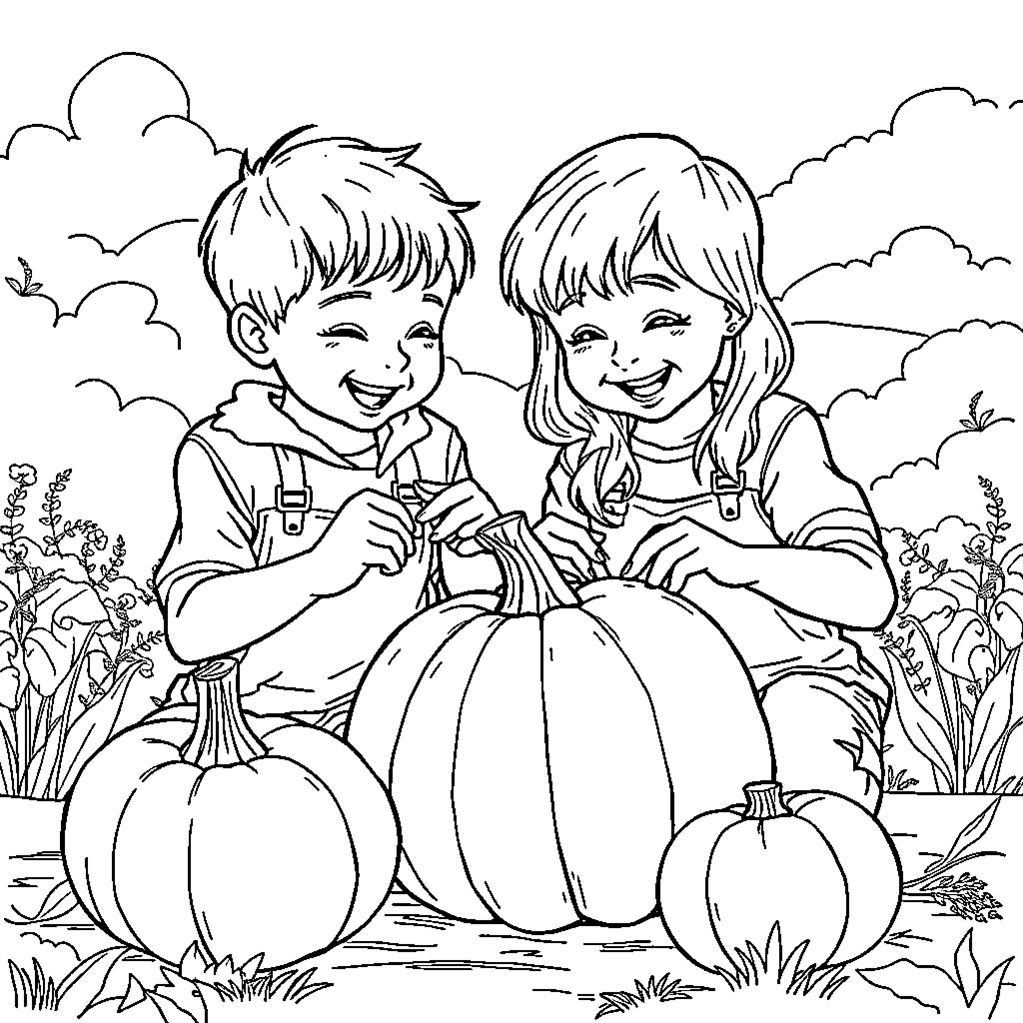 Pumpkin Carving Joyful Duo Coloring Page (free black-and-white line drawing printable PDF for all, from beginners to advanced learners, including children, teens, adults, and seniors)