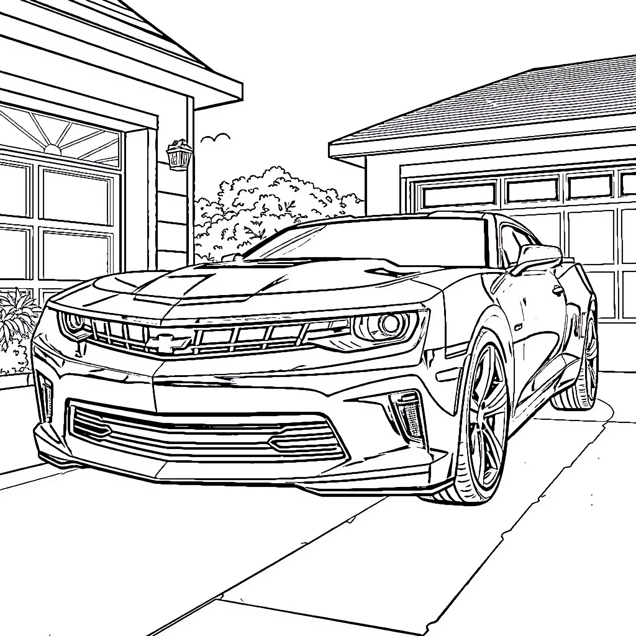Camaro parked in front of garage with trees Coloring Page (free black-and-white line drawing printable PDF for all, from beginners to advanced learners, including children, teens, adults, and seniors)