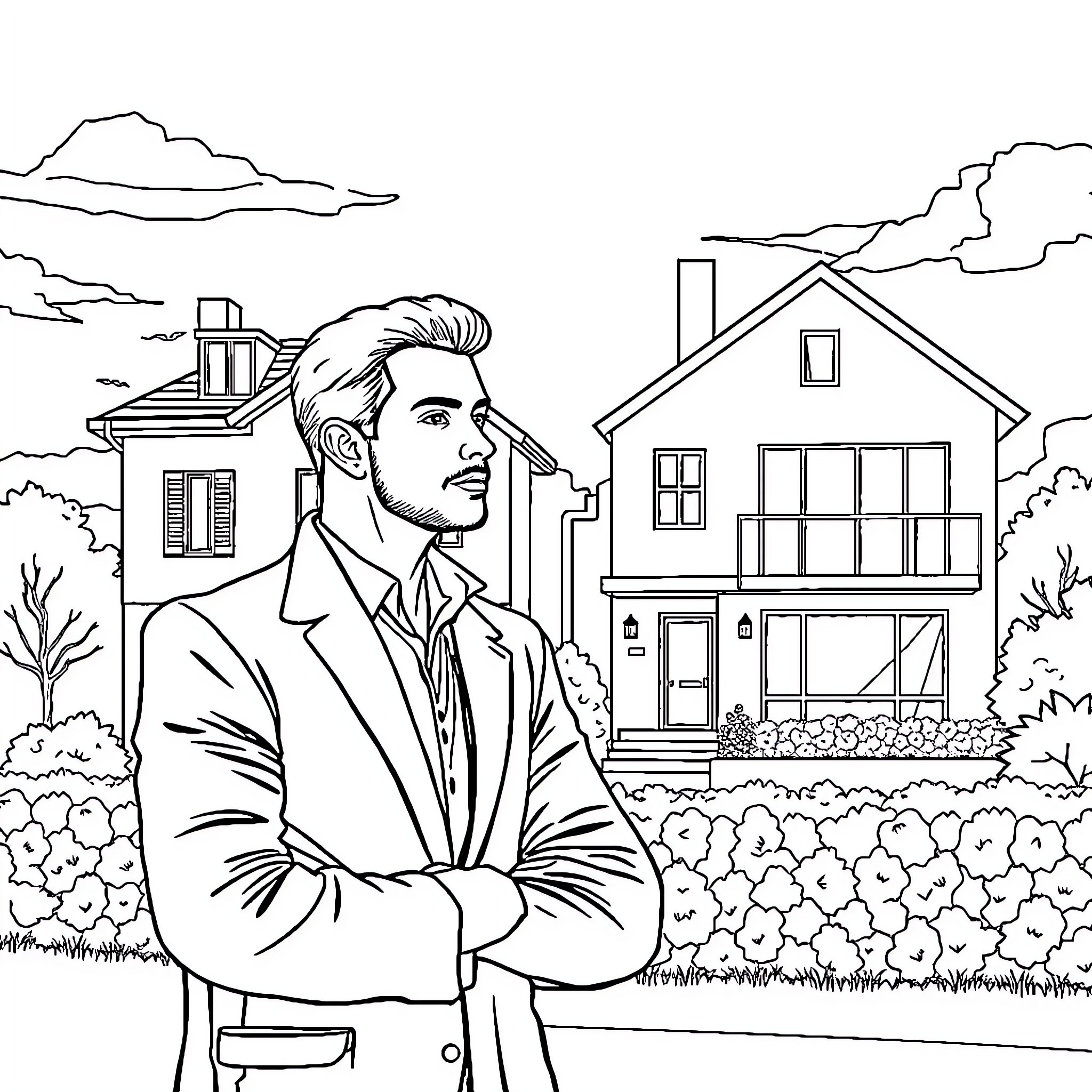 Agent Observes Residential Property with Contemplation Coloring Page (free black-and-white line drawing printable PDF for all, from beginners to advanced learners, including children, teens, adults, and seniors)