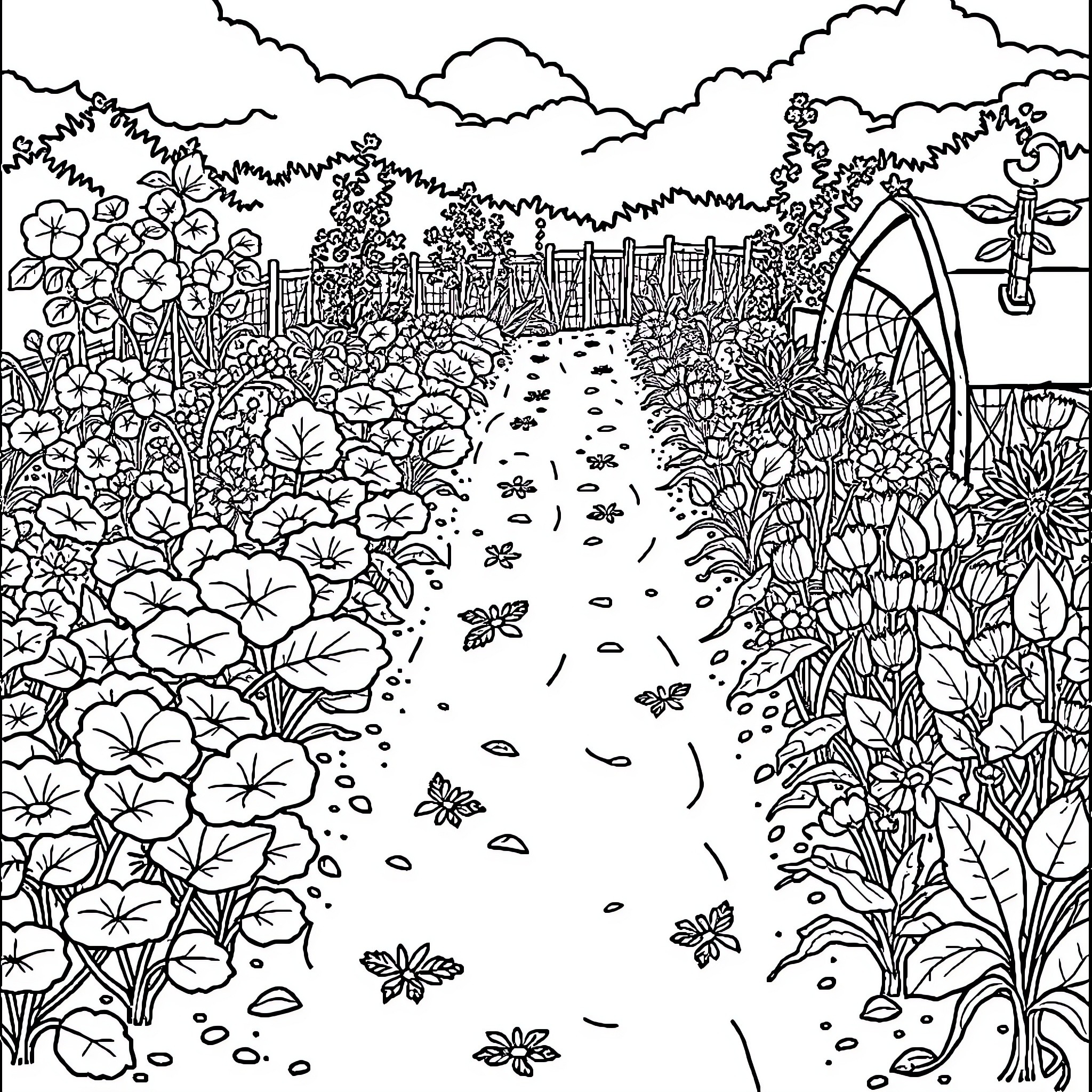 Microfarm with diverse flora and meandering path Coloring Page (free black-and-white line drawing printable PDF for all, from beginners to advanced learners, including children, teens, adults, and seniors)