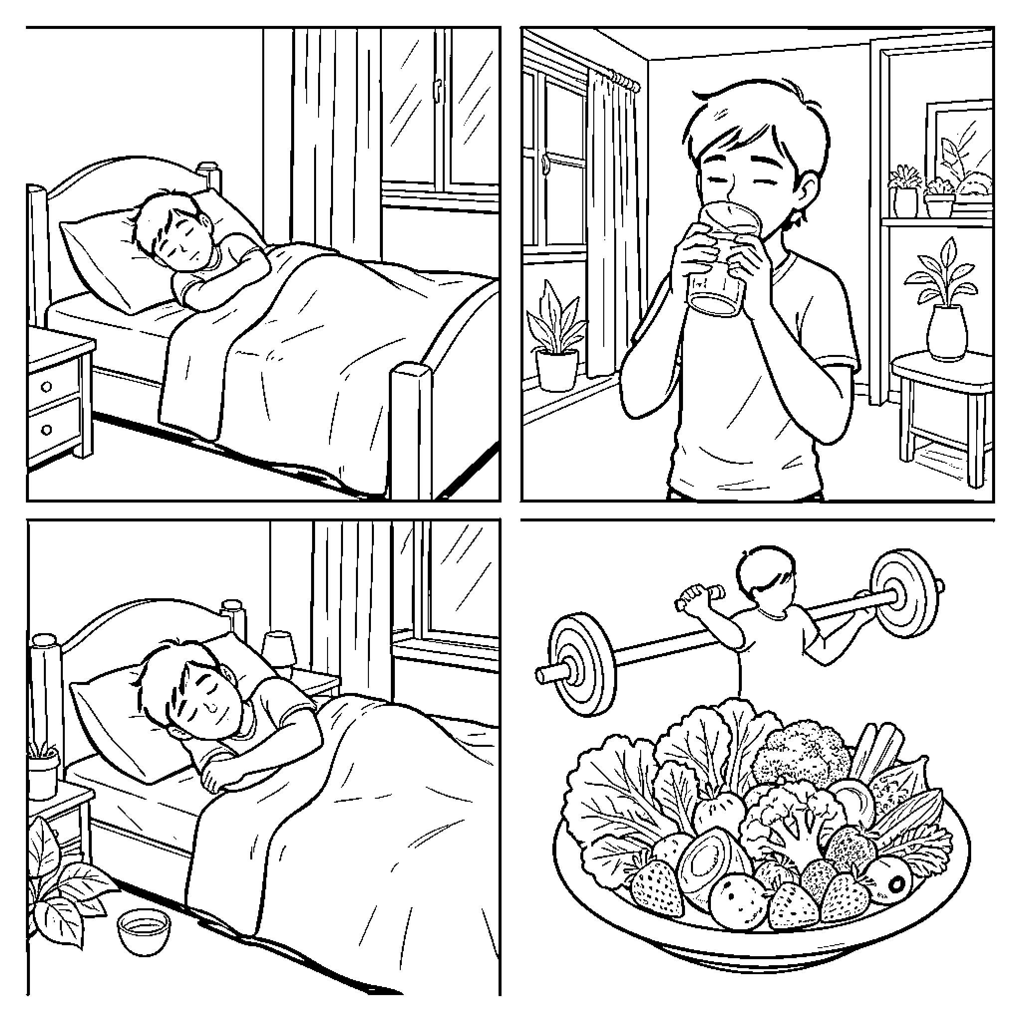 Chico's Daily Life: Resting, Eating, and Staying Active Coloring Page (free black-and-white line drawing printable PDF for all, from beginners to advanced learners, including children, teens, adults, and seniors)