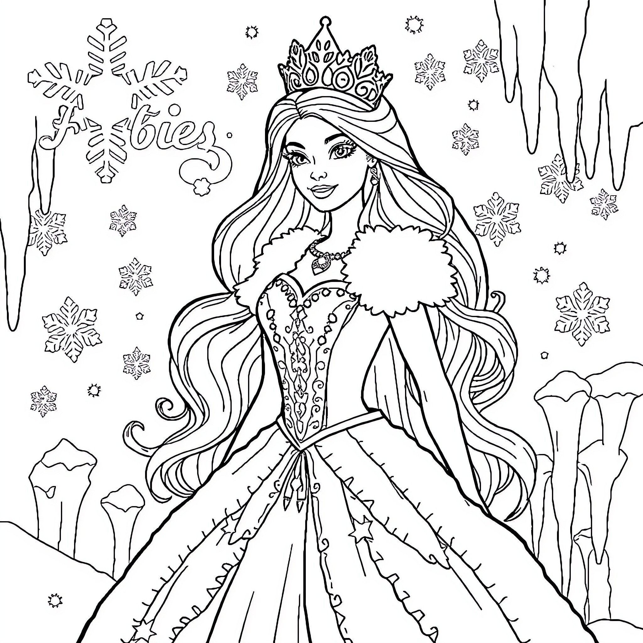 Snow Queen in Elegant Gown and Crown Coloring Page (free black-and-white line drawing printable PDF for all, from beginners to advanced learners, including children, teens, adults, and seniors)